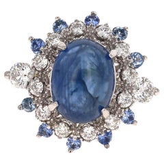 5.20 Carat Natural Cabochon Blue Sapphire Diamond White Gold Cocktail Ring