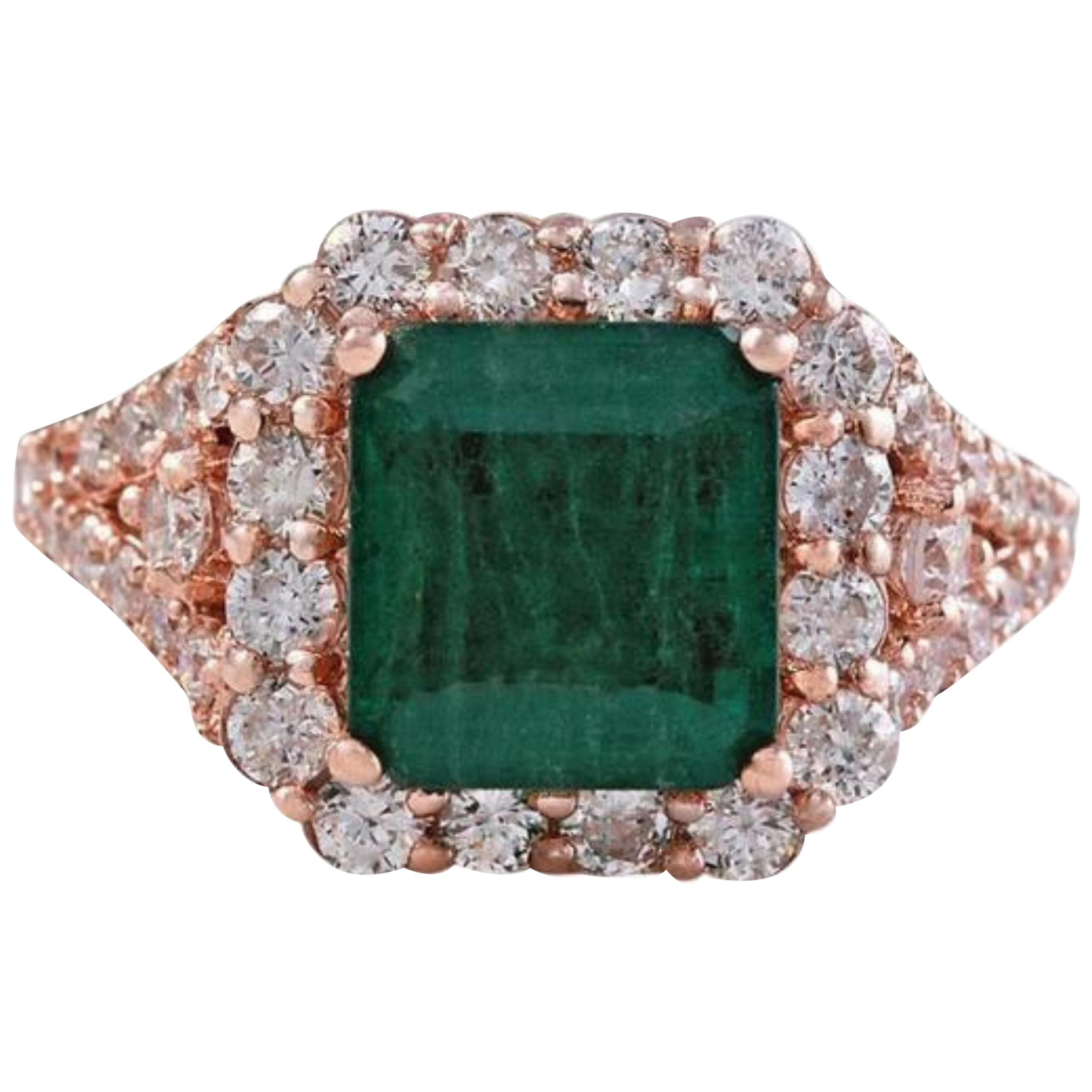 5.20 Carat Natural Emerald and Diamond 14 Karat Solid Rose Gold Ring For Sale
