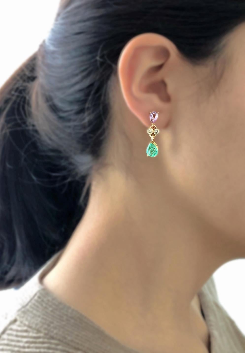 5.20 Carat Colombian Emerald Sapphire Diamond Dangle Earrings 18 Karat For Sale 1