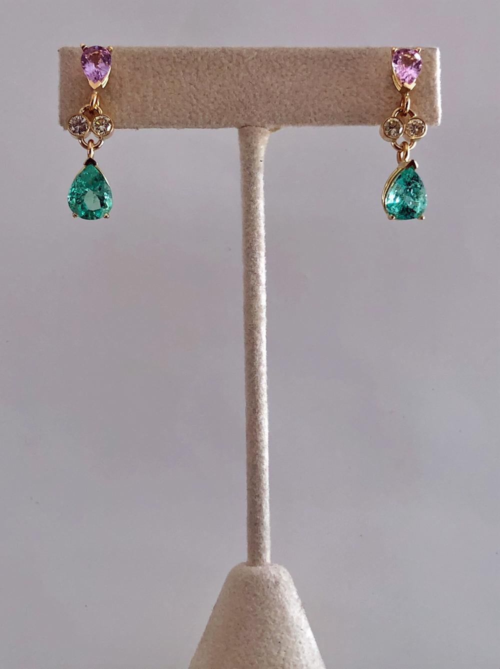 5.20 Carat Colombian Emerald Sapphire Diamond Dangle Earrings 18 Karat For Sale 4