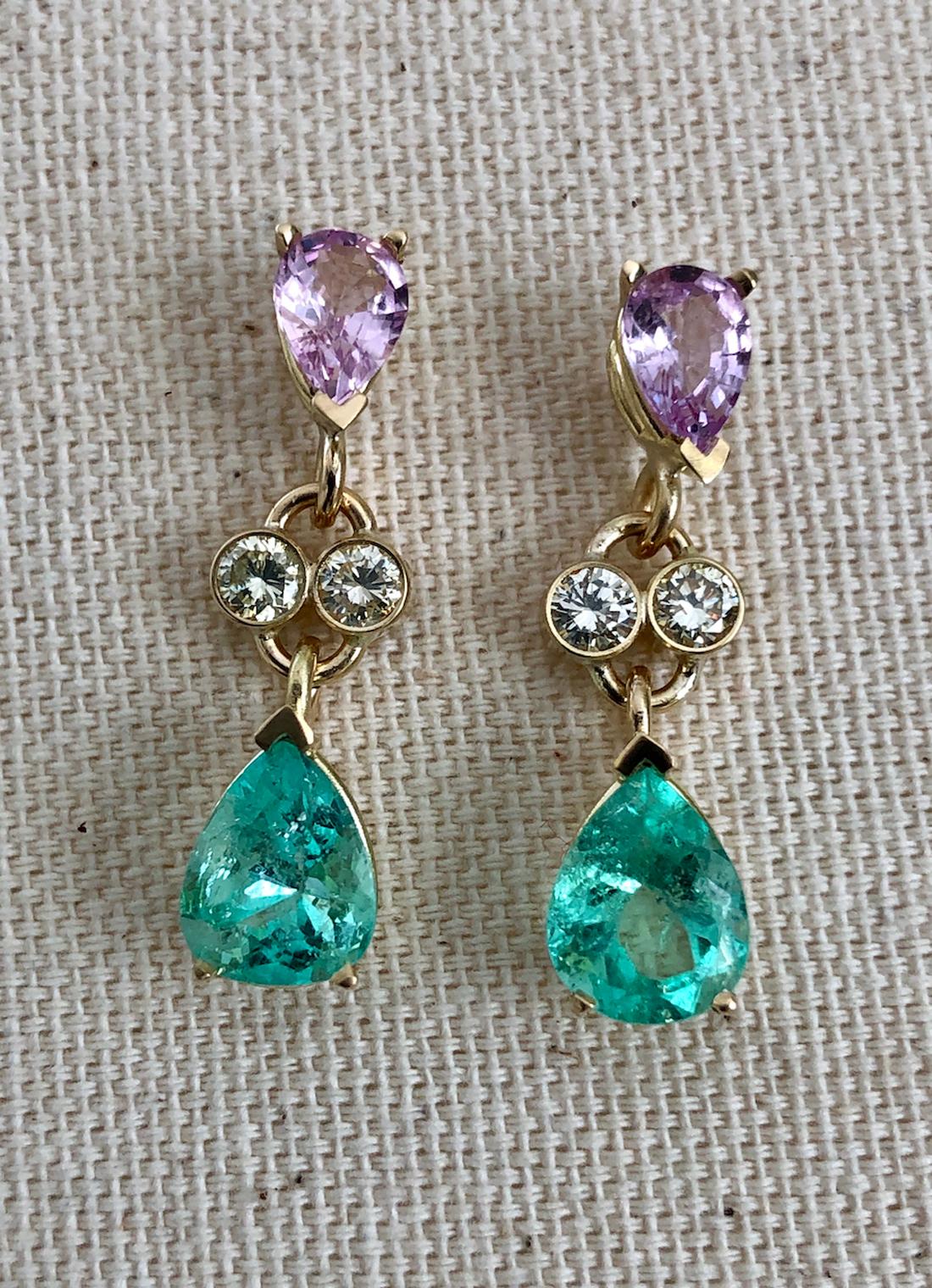 Women's 5.20 Carat Colombian Emerald Sapphire Diamond Dangle Earrings 18 Karat For Sale