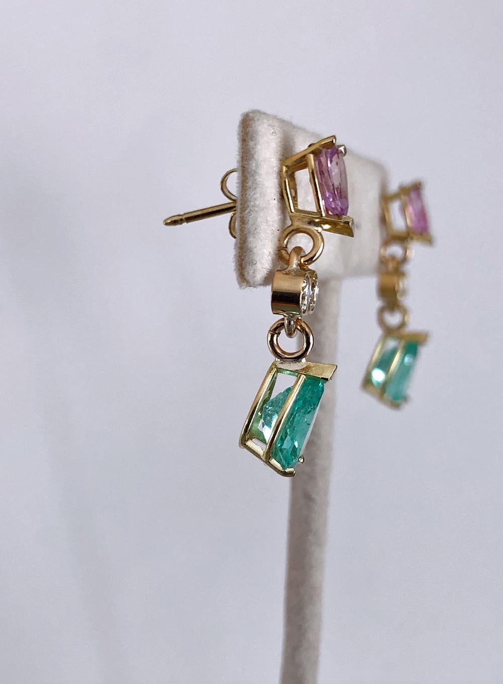 5.20 Carat Colombian Emerald Sapphire Diamond Dangle Earrings 18 Karat For Sale 2