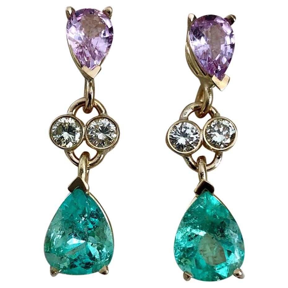5.20 Carat Colombian Emerald Sapphire Diamond Dangle Earrings 18 Karat For Sale