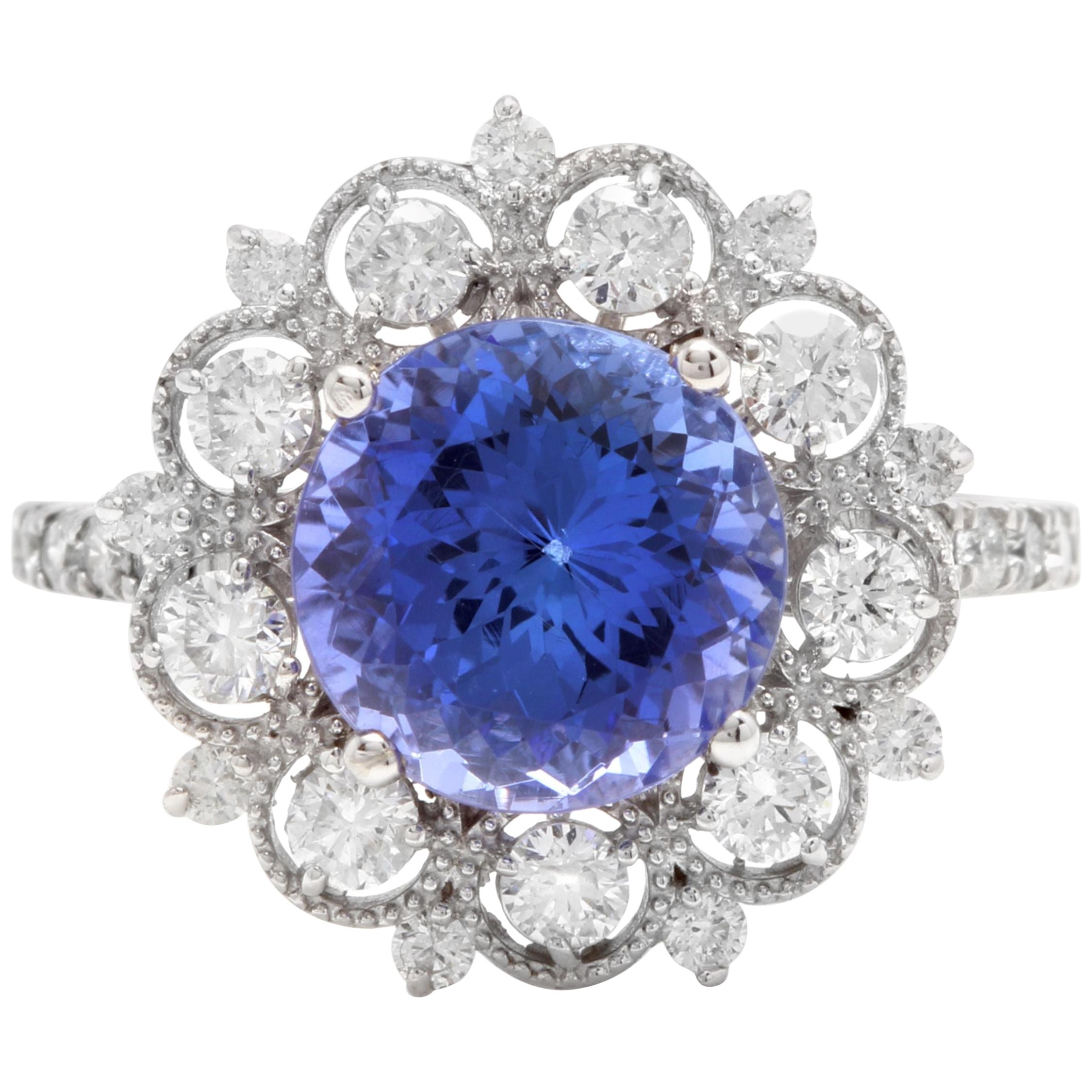 Bague en or blanc massif 14 carats avec tanzanite naturelle de 5,20 carats et diamants