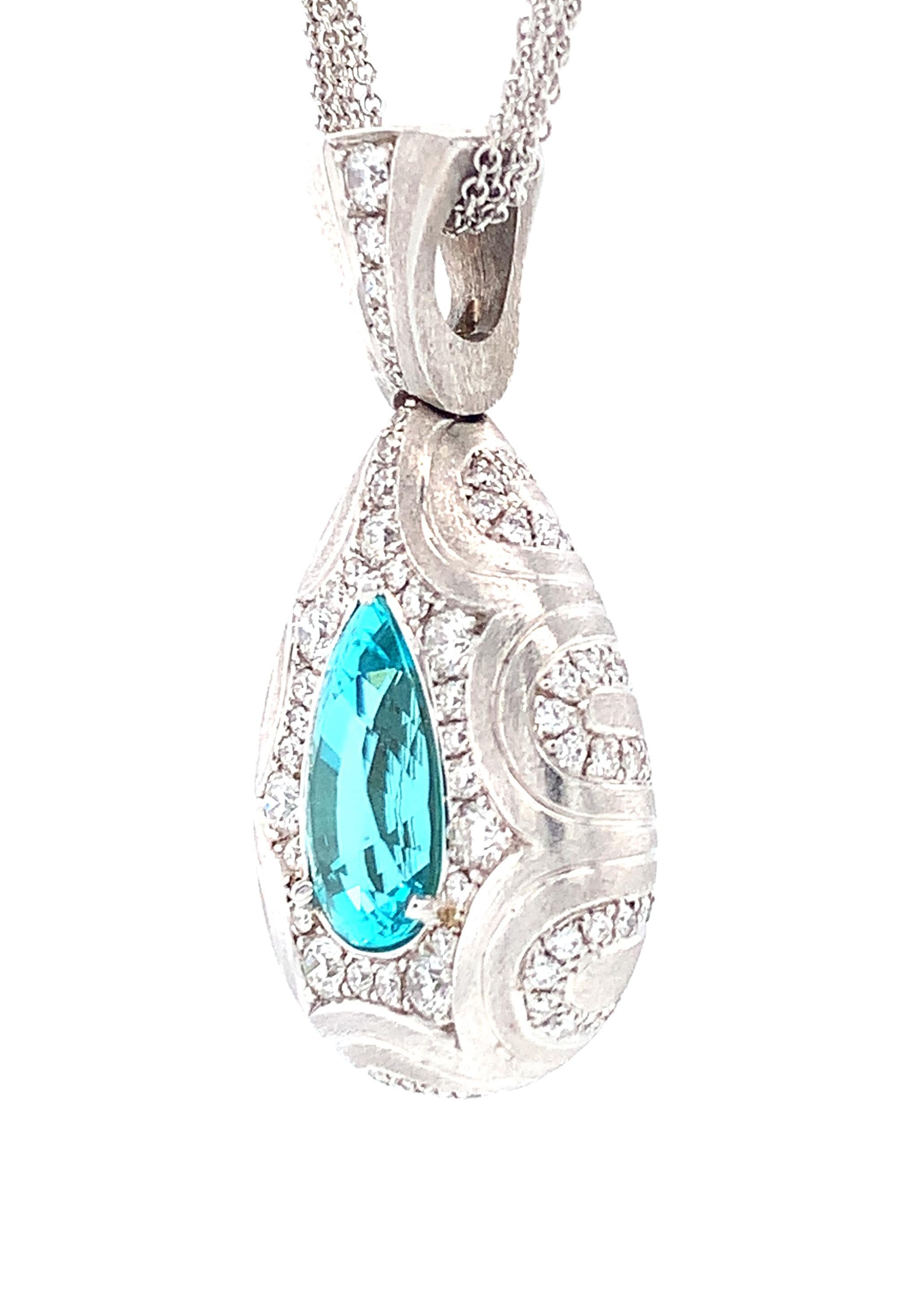 Pear Cut GIA Certified 5.20 Carat Paraiba Tourmaline and Diamond Necklace in White Gold For Sale