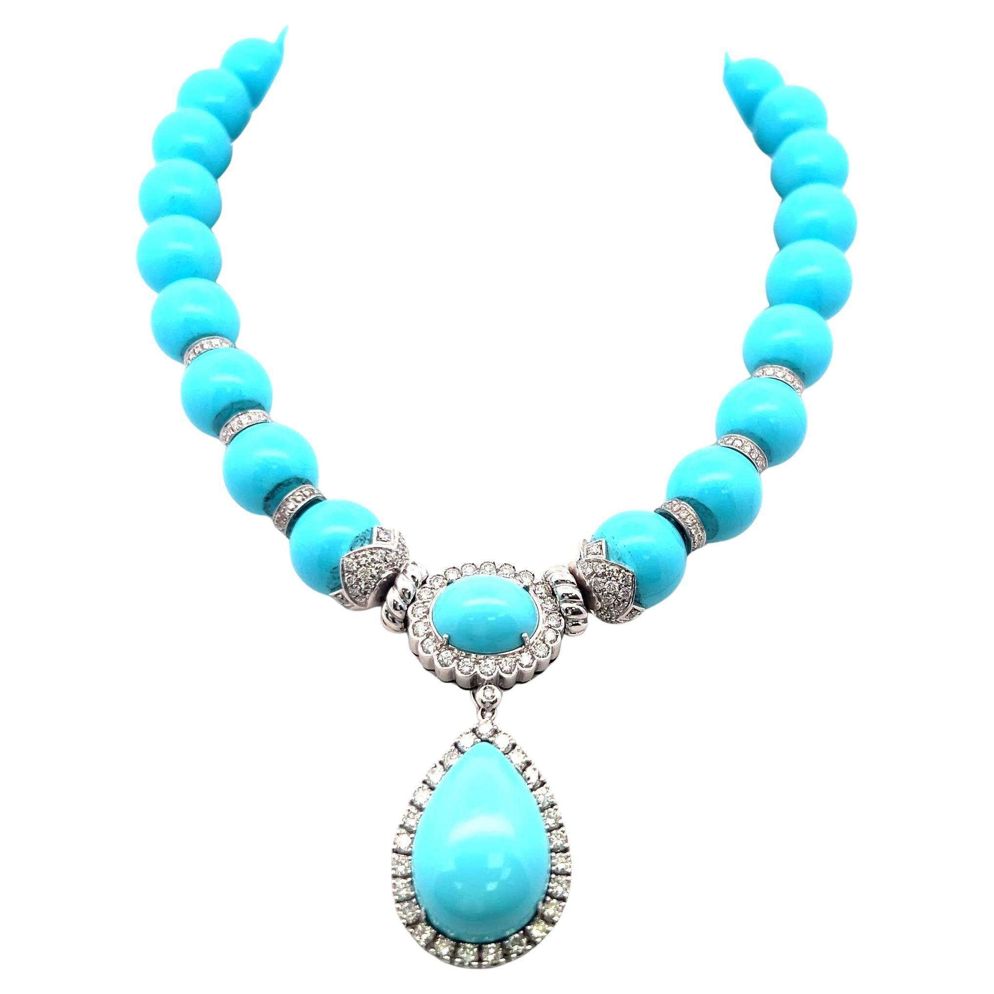 5.20 Carat Round Diamond 10.60-24.10 MM Turquoise 18K WG Pendant Necklace