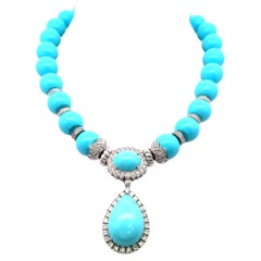 Collier pendentif 18 carats avec diamants ronds de 5,20 carats et turquoise de 10,60 à 24,10 mm