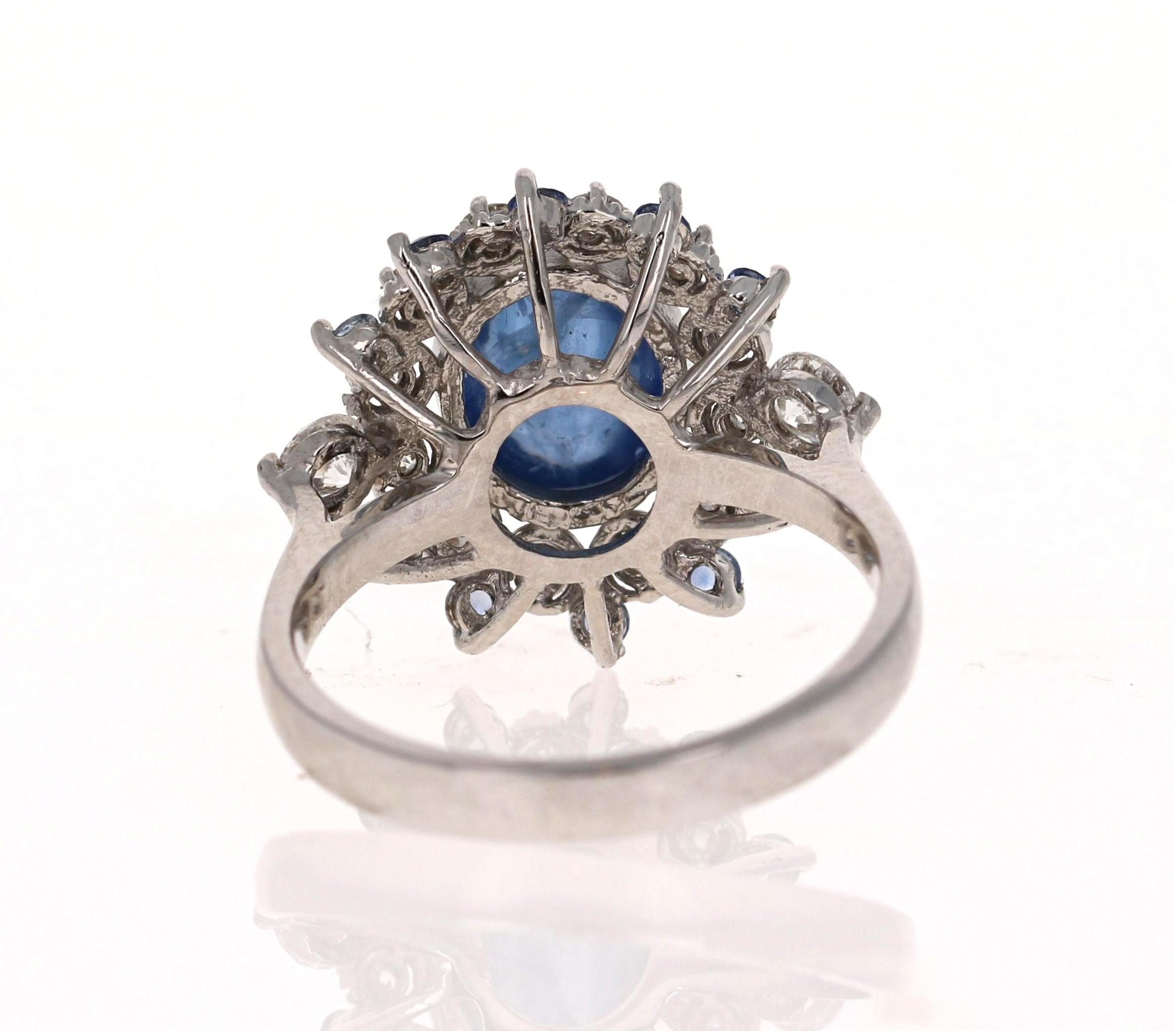 Cabochon 5.20 Carat Sapphire Diamond 14K White Gold Cocktail Ring For Sale