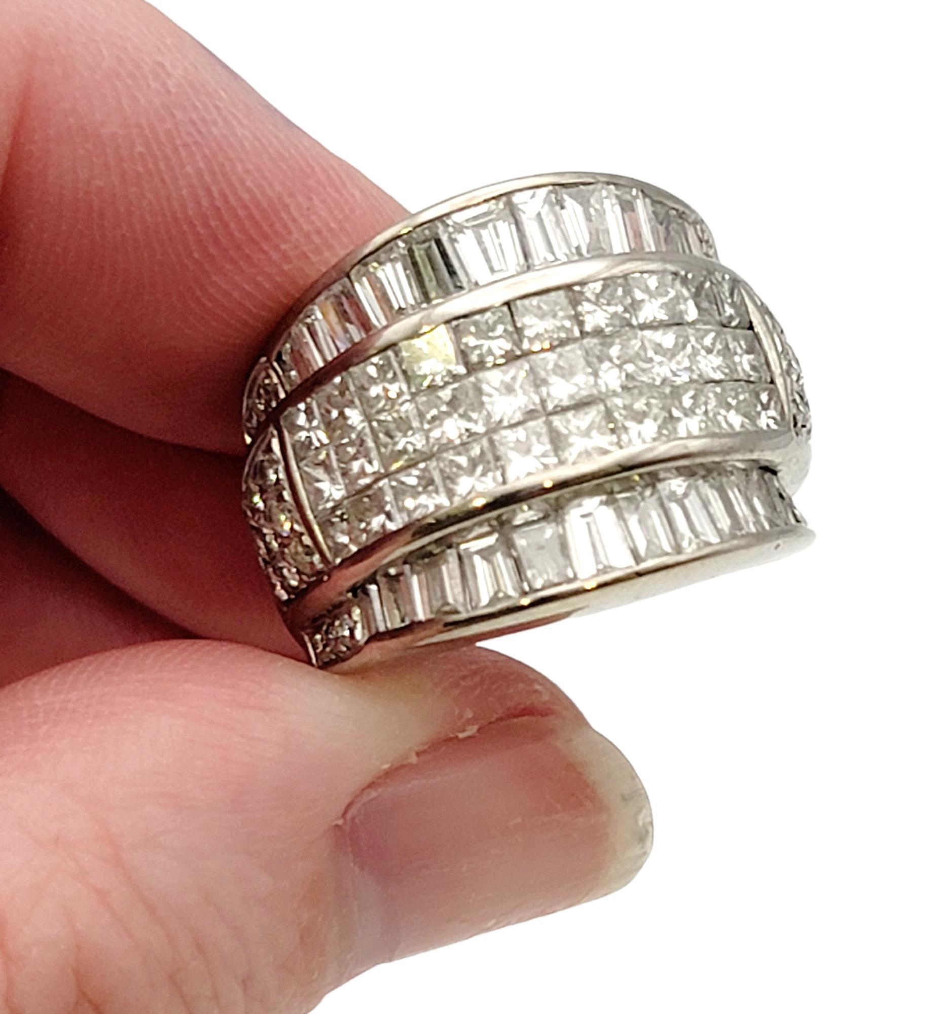 5.20 Carat Total Square, Baguette and Round Multi-Row Diamond Ring 14 Karat Gold For Sale 1