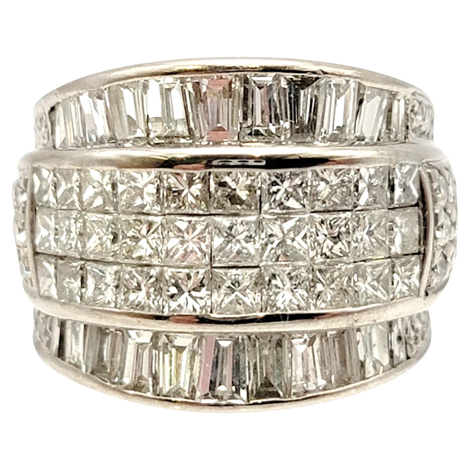 5.20 Carat Total Square, Baguette and Round Multi-Row Diamond Ring 14 Karat Gold For Sale
