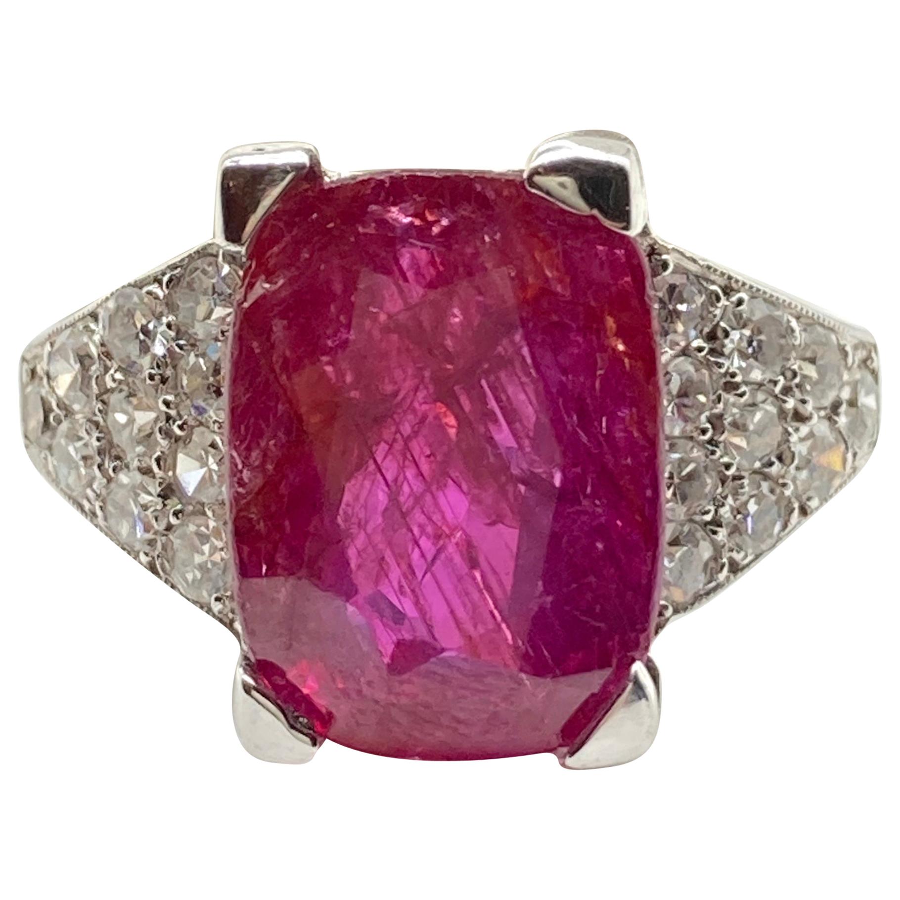 5.20 Carat Unheated Burmese Ruby and Diamond White Gold Ring For Sale