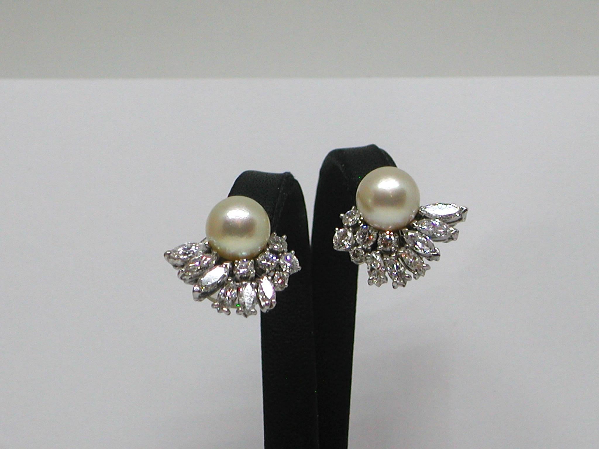 Contemporary 5.20 Carat White Gold Marquise Diamond Pearl Earrings For Sale