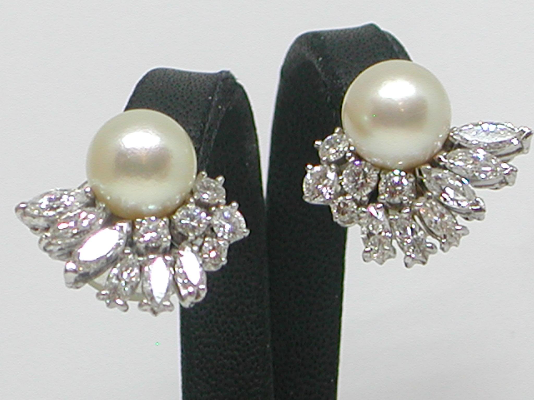 Round Cut 5.20 Carat White Gold Marquise Diamond Pearl Earrings For Sale