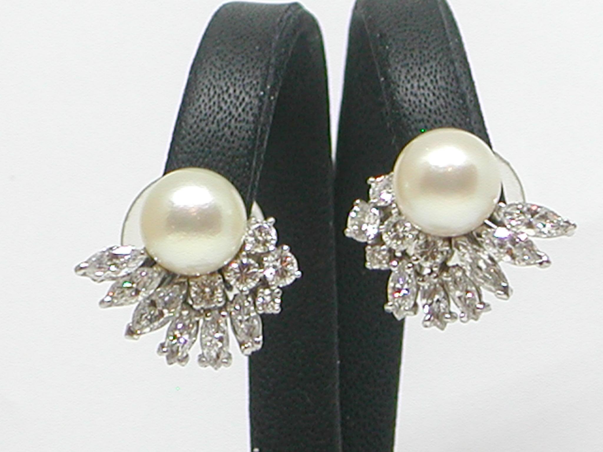 Women's 5.20 Carat White Gold Marquise Diamond Pearl Earrings For Sale