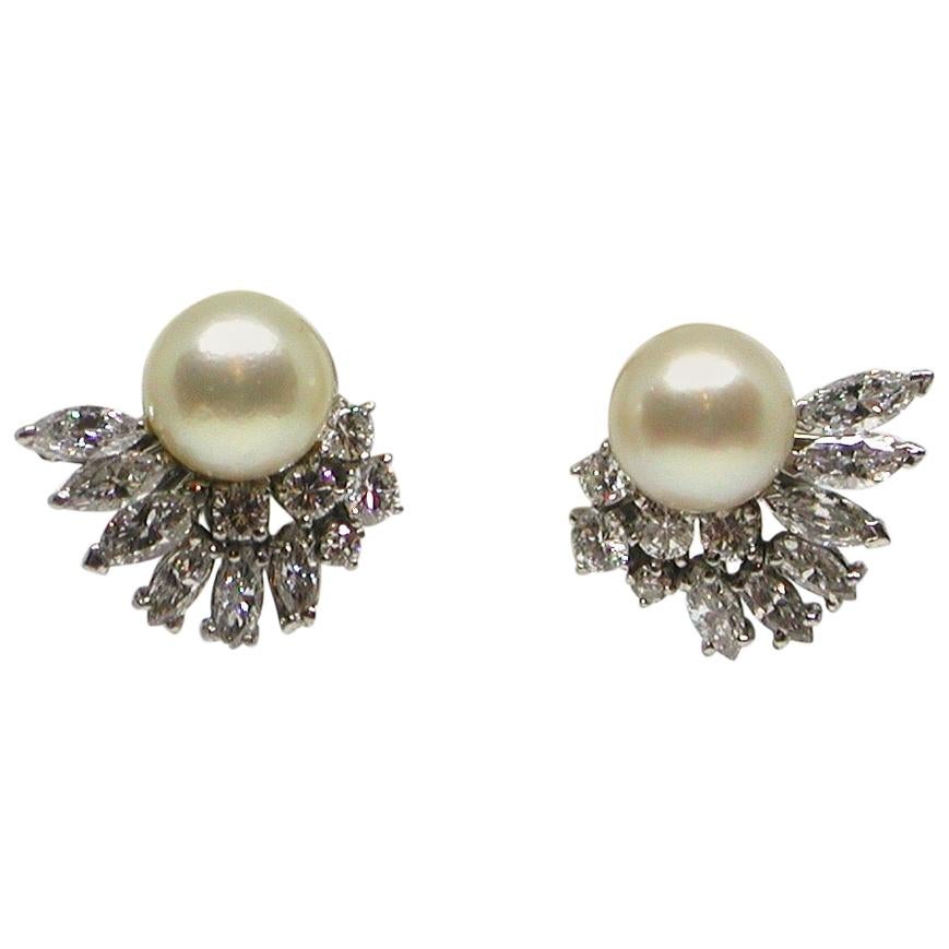 5.20 Carat White Gold Marquise Diamond Pearl Earrings For Sale