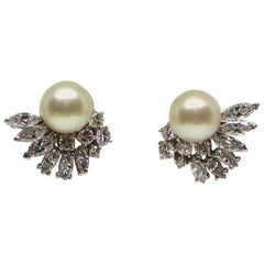 5.20 Carat White Gold Marquise Diamond Pearl Earrings