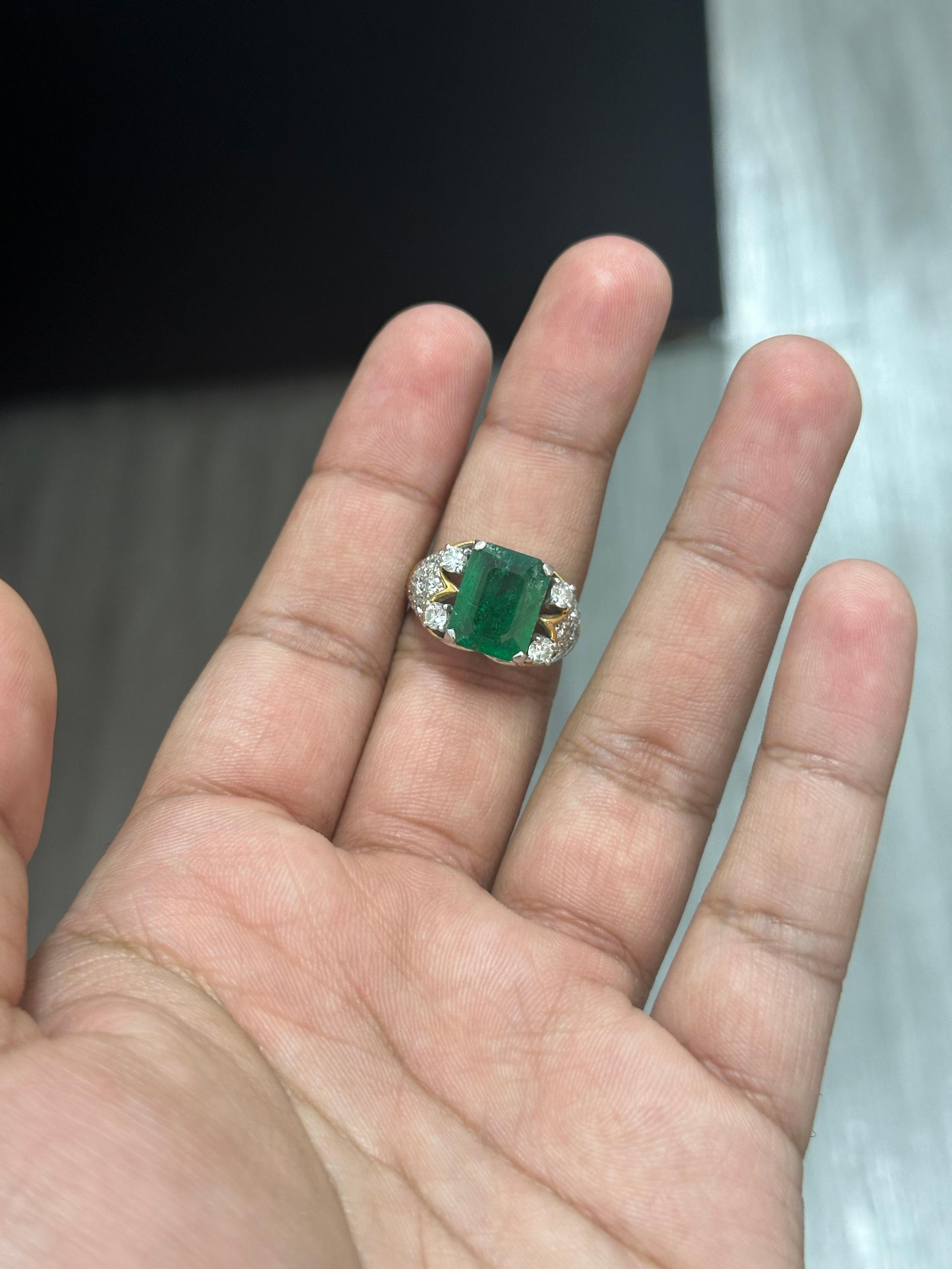 Emerald Cut 5.20 Carat Zambian Emerald & Diamond Antique-style Ring in Platinum 900 For Sale