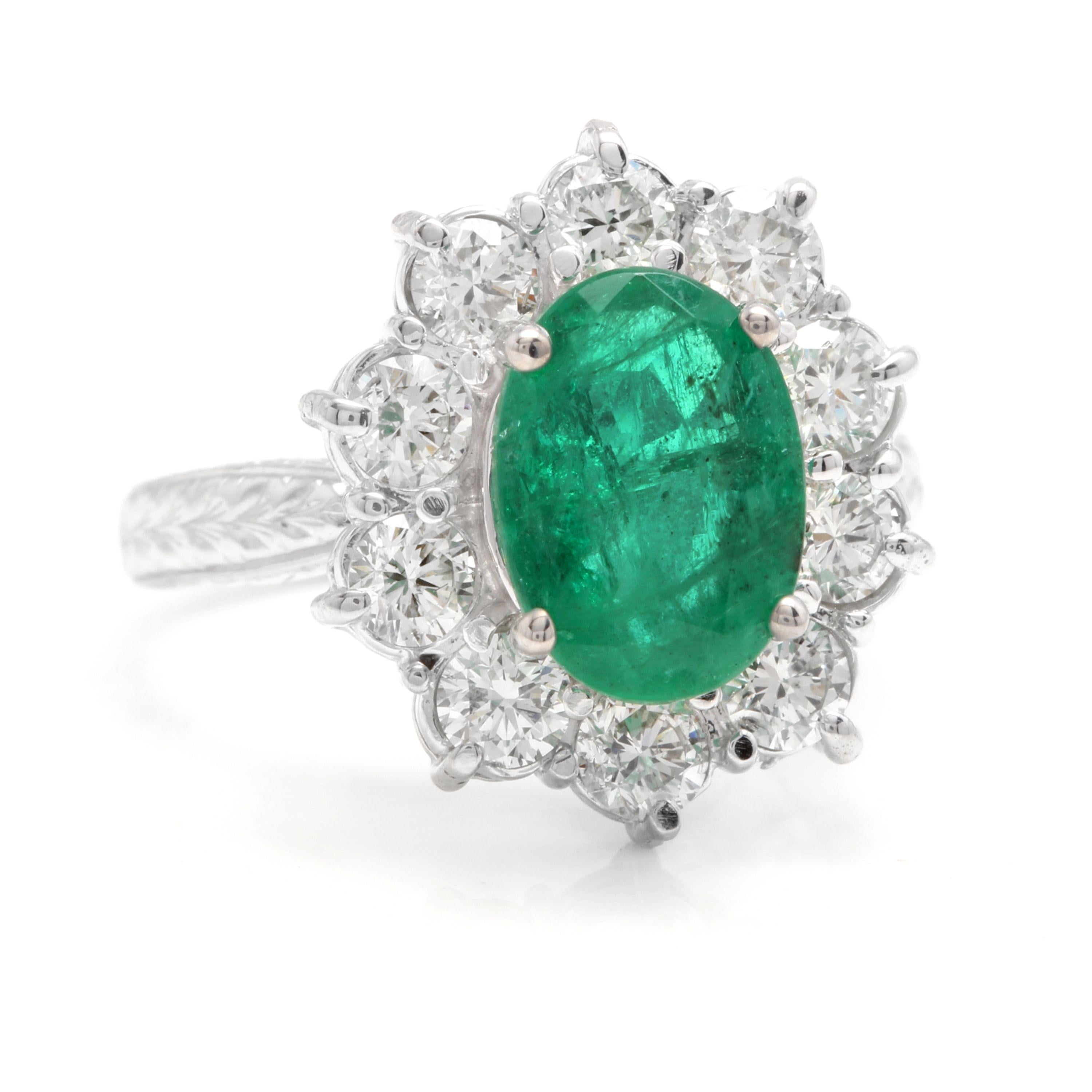5.20 Carats Exquisite Emerald and Diamond 14K Solid White Gold Ring

Total Emerald Weight is: Approx. 3.50 Carats

Emerald Measures: 10.00 x 8.00mm

Natural Round Diamonds Weight: Approx. 1.70 Carats (color G-H / Clarity SI1-SI2)

Ring size: 6 (we