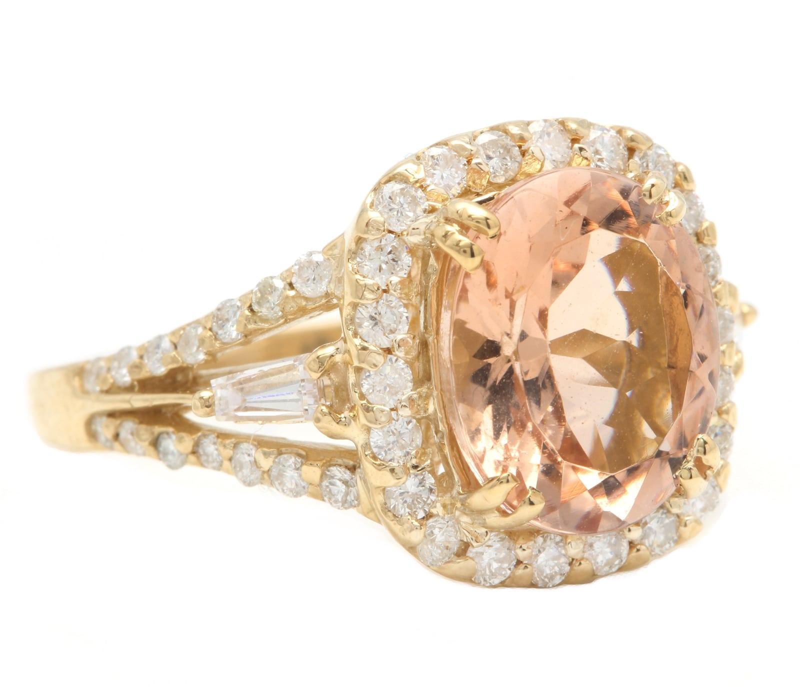 5.20 Carats Exquisite Natural Morganite and Diamond 14K Solid Yellow Gold Ring

Suggested Replacement Value: $6,000.00

Total Natural Cushion Morganite Weights: Approx. 4.20 Carats

Morganite Measures: Approx. 11.00 x 9.00mm

Natural Round &