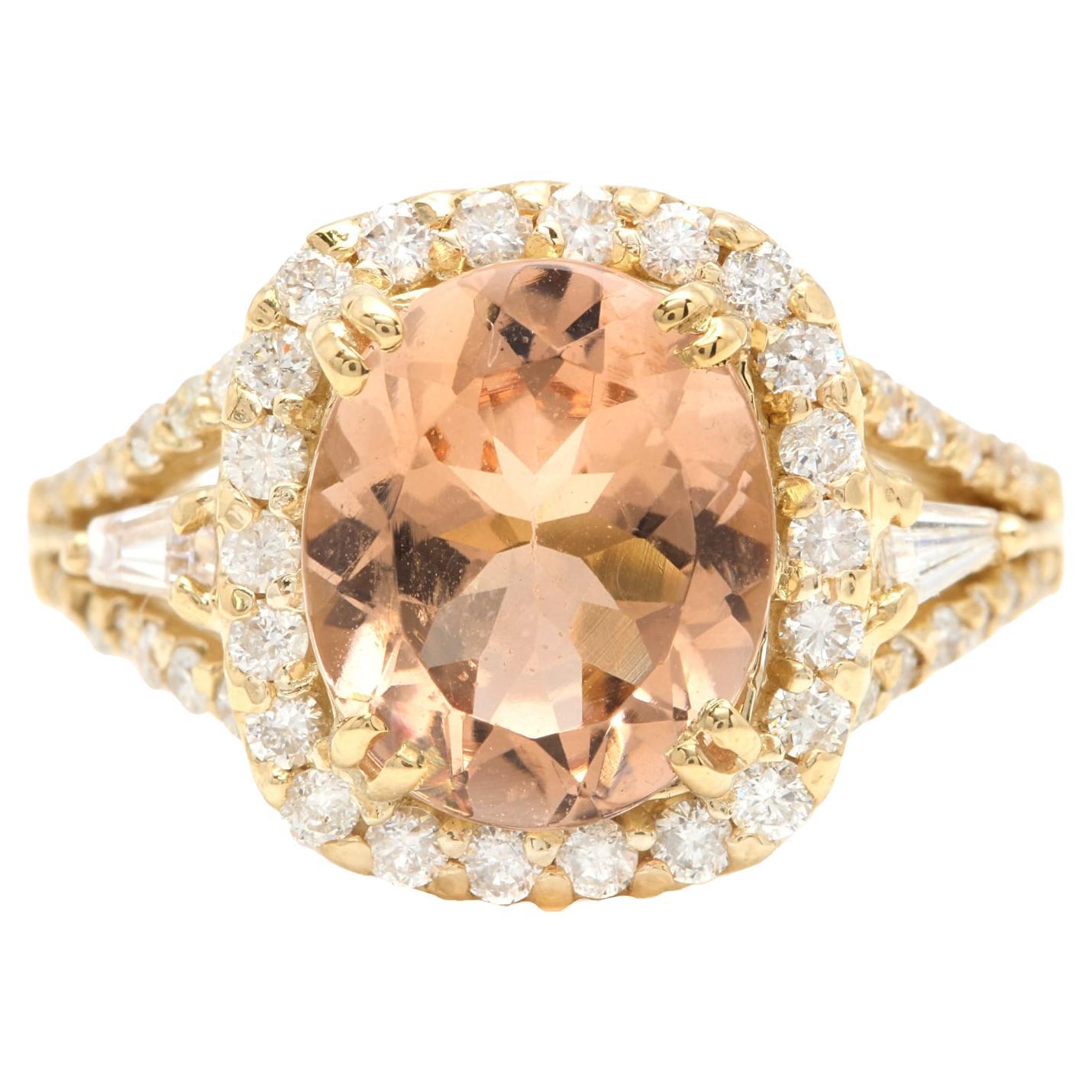 5.20 Carats Exquisite Natural Morganite and Diamond 14K Solid Yellow Gold Ring For Sale