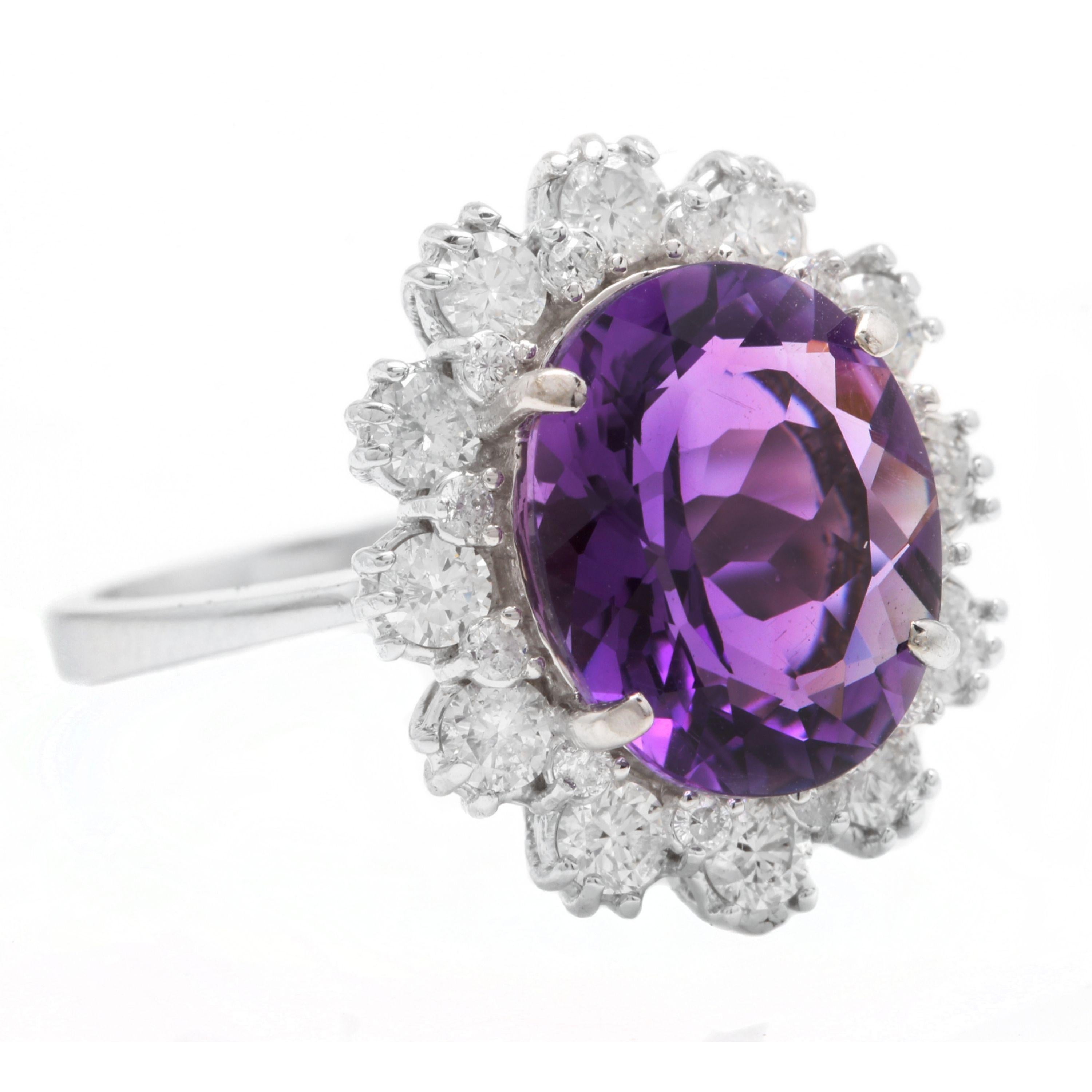5.20 Carats Natural Amethyst and Diamond 14K Solid White Gold Ring

Total Natural Oval Cut Amethyst Weights: Approx. 4.00 Carats

Amethyst Measures: Approx. 12.00 x 10.00mm

Natural Round Diamonds Weight: Approx. 1.20 Carats (color G-H / Clarity