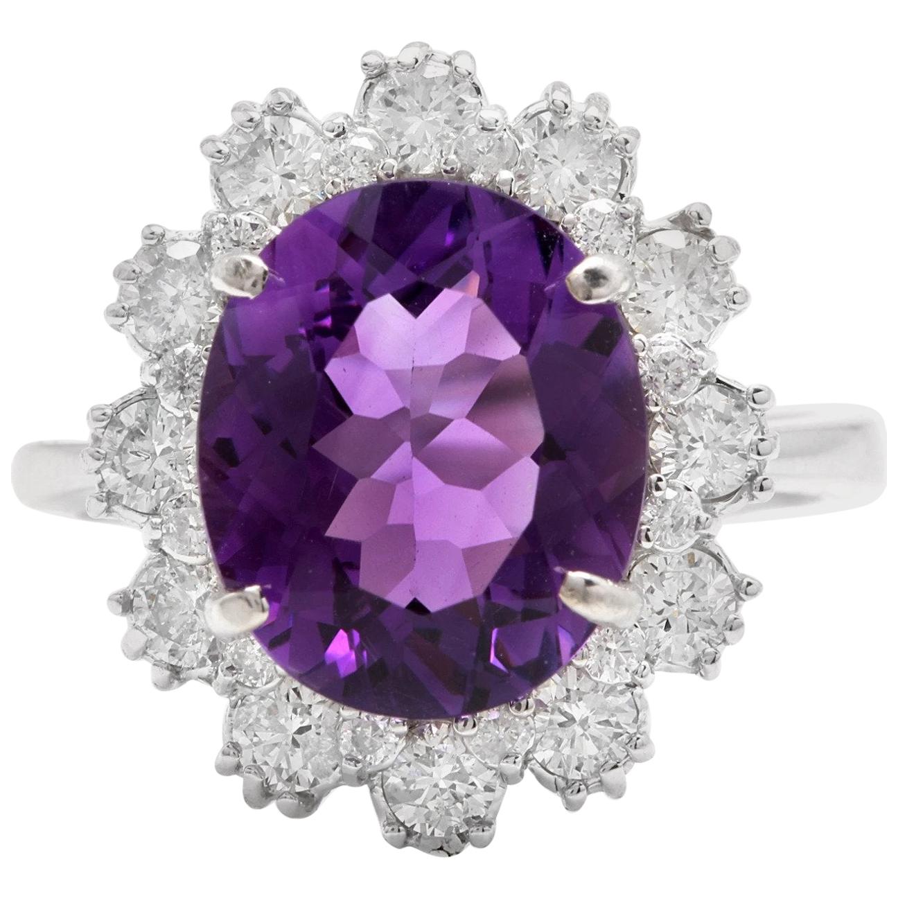 5.20 Carat Natural Amethyst and Diamond 14 Karat Solid White Gold Ring For Sale