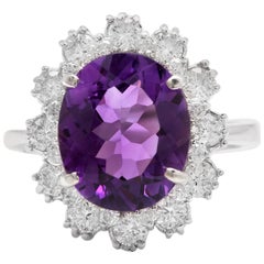 Anillo de oro blanco macizo de 14 quilates con amatista natural y diamante de 5,20 quilates