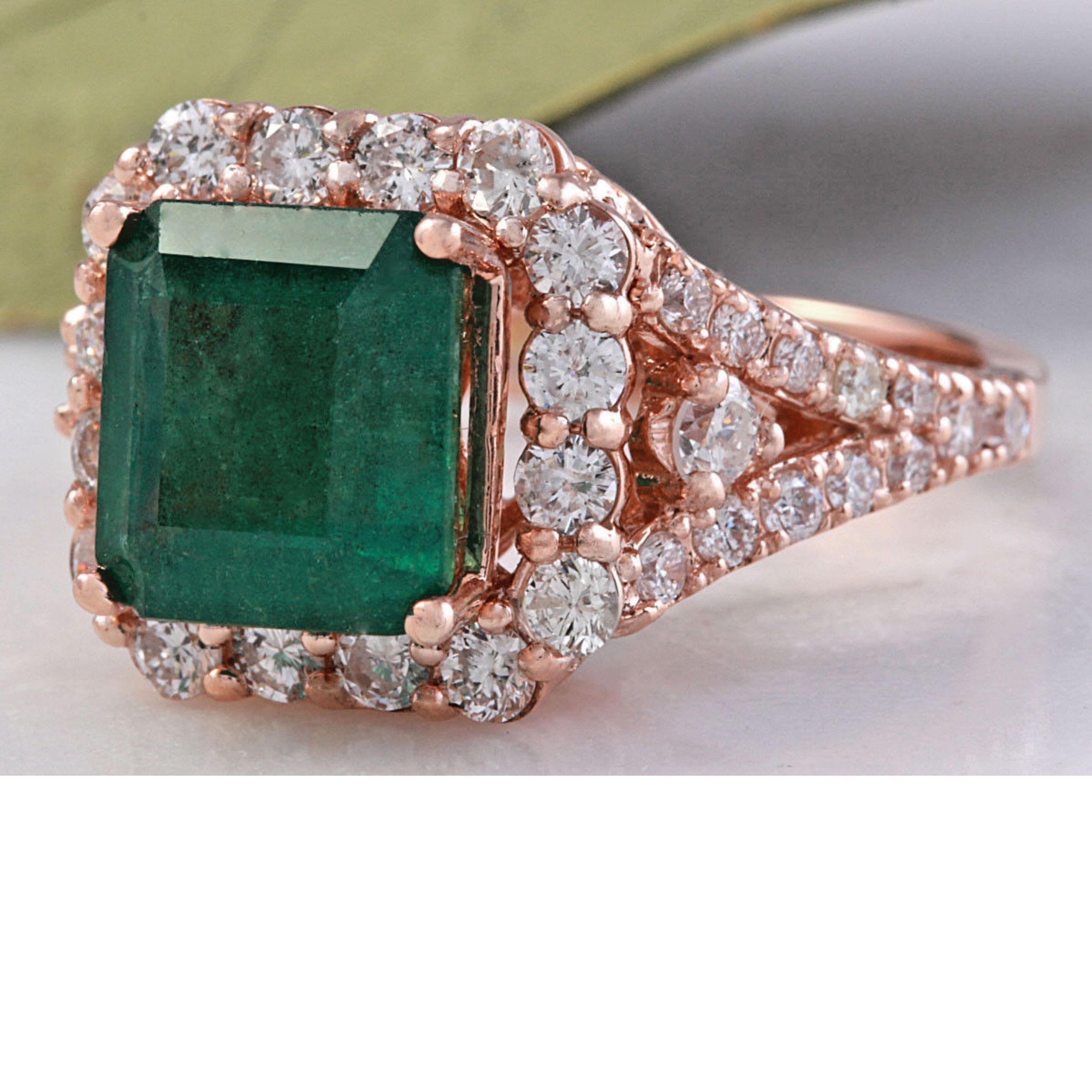 5.20 Carats Natural Emerald and Diamond 14K Solid Rose Gold Ring

Total Natural Green Emerald Weight is: Approx. 4.00 Carats (transparent)

Emerald Measures: Approx. 9 x 9mm

Emerald Treatment: Oiling

Natural Round Diamonds Weight: Approx. 1.20