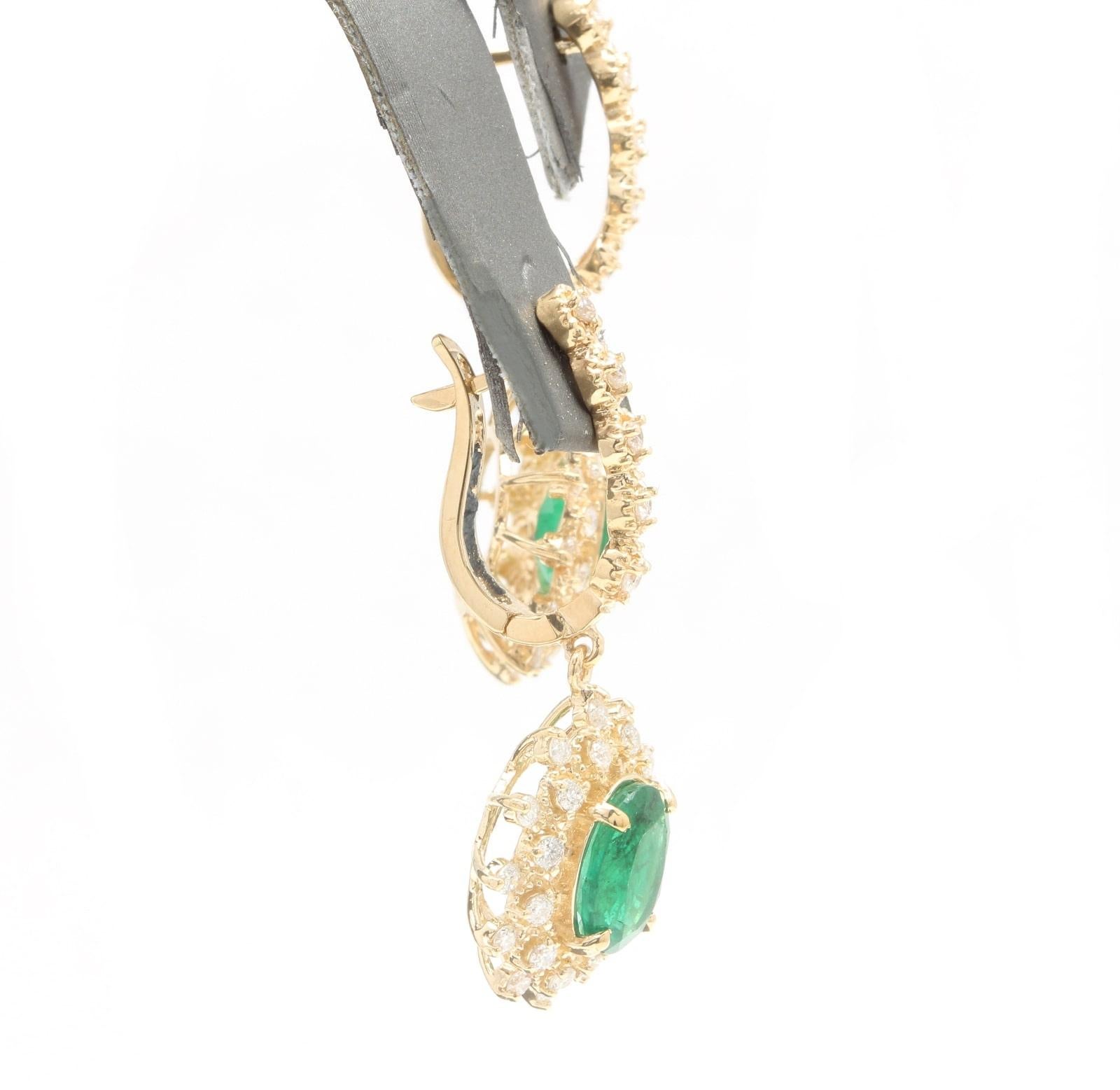 Mixed Cut 5.20 Carats Natural Emerald and Diamond 14K Solid Yellow Gold Earrings For Sale