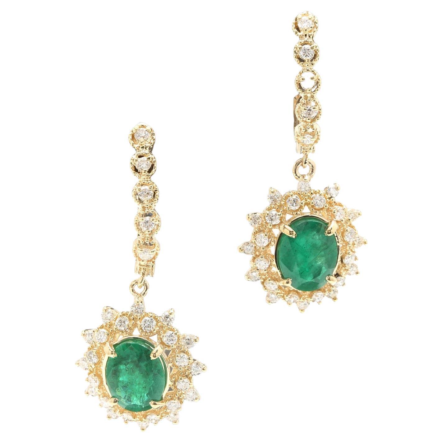5.20 Carats Natural Emerald and Diamond 14K Solid Yellow Gold Earrings For Sale