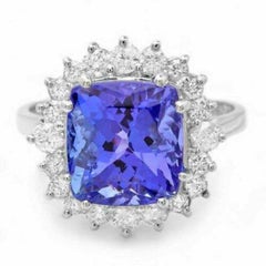 5.20 Carats Natural Tanzanite and Diamond 14K Solid White Gold Ring
