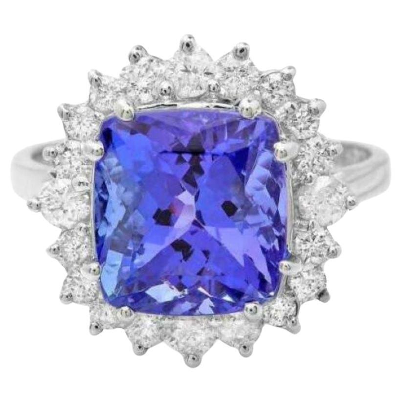 5.20 Carats Natural Tanzanite and Diamond 14K Solid White Gold Ring For Sale
