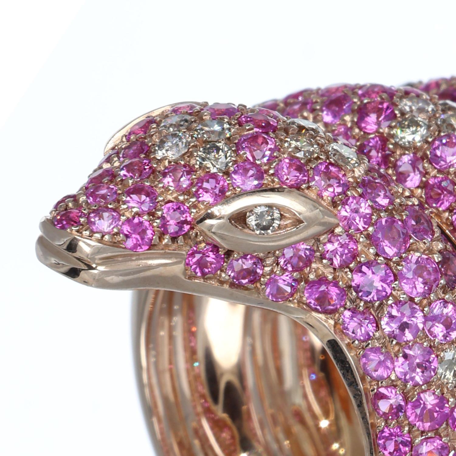 Brilliant Cut 5.20 ct Pink Sapphires 0.83 Brown Diamonds Snake Ring 9 kt Rose Gold Serpent For Sale