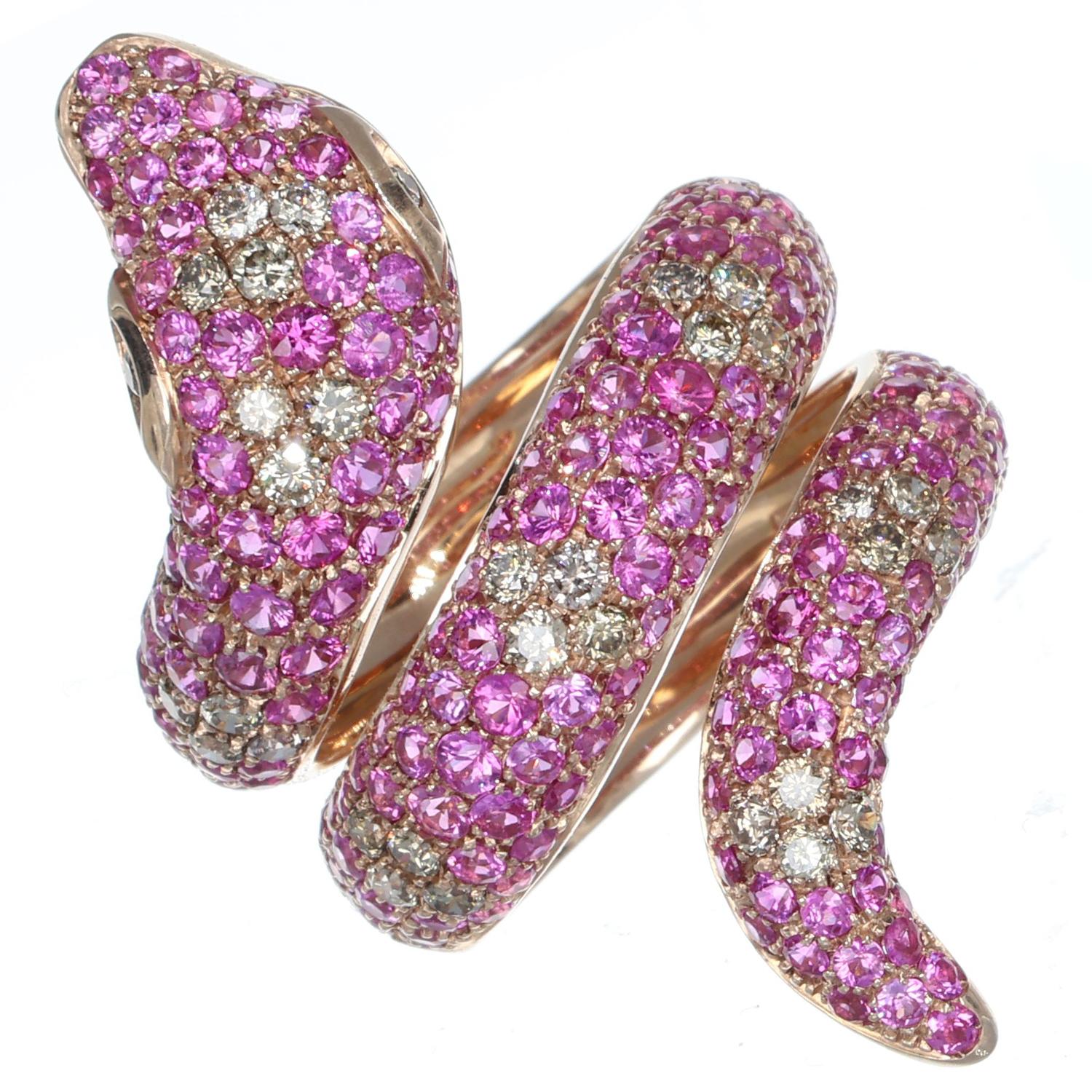 5.20 ct Pink Sapphires 0.83 Brown Diamonds Snake Ring 9 kt Rose Gold Serpent In New Condition For Sale In Bergamo, BG