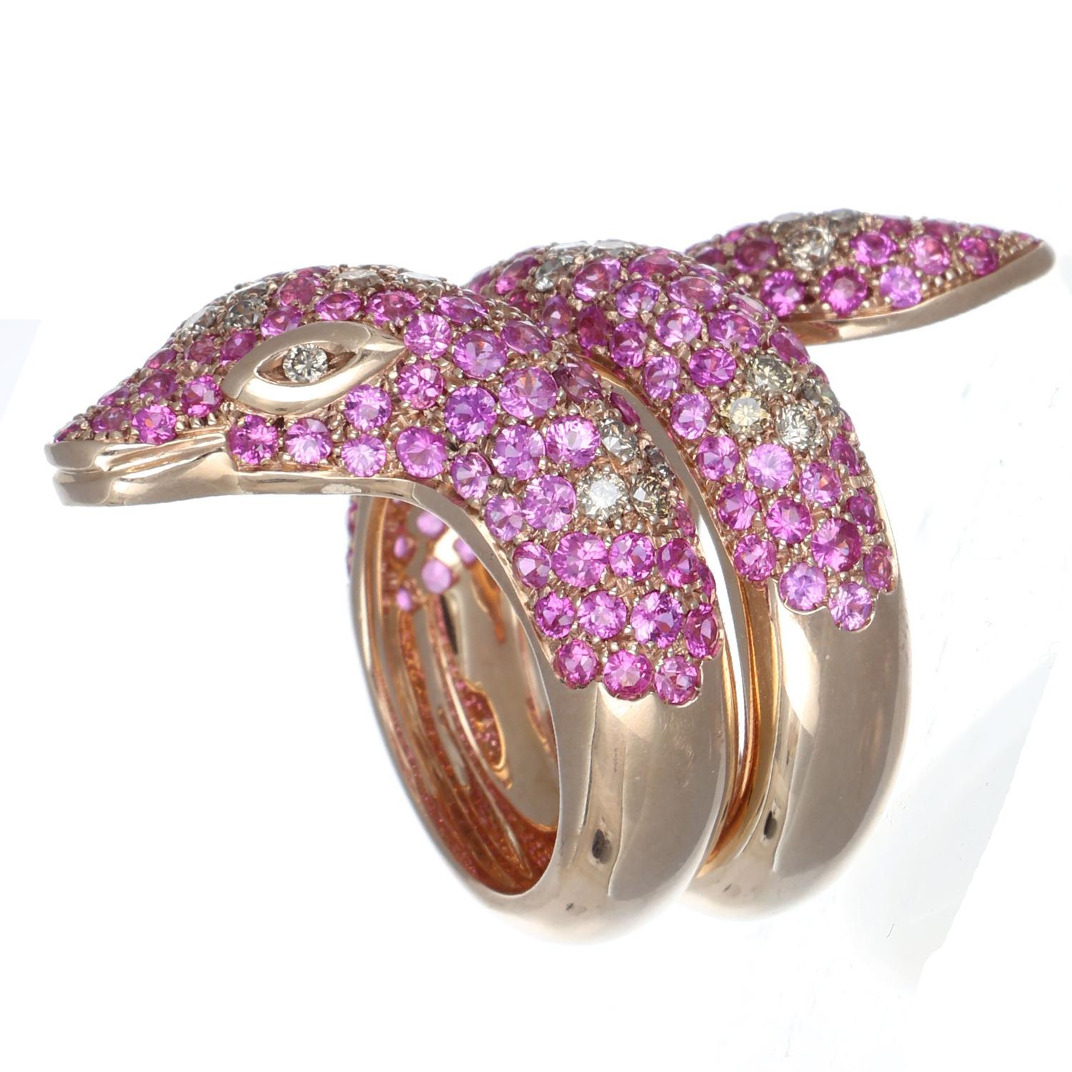 Women's 5.20 ct Pink Sapphires 0.83 Brown Diamonds Snake Ring 9 kt Rose Gold Serpent For Sale
