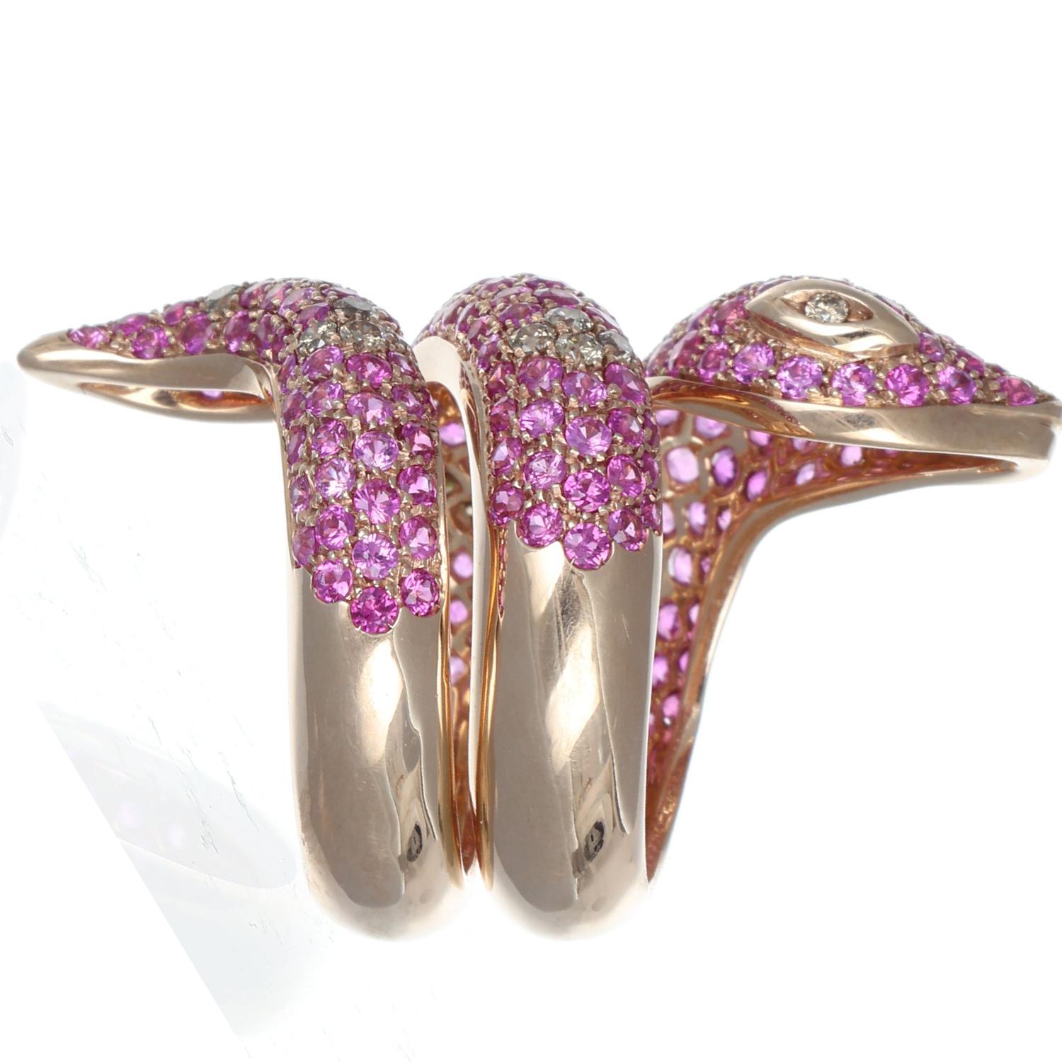 5.20 ct Pink Sapphires 0.83 Brown Diamonds Snake Ring 9 kt Rose Gold Serpent For Sale 1