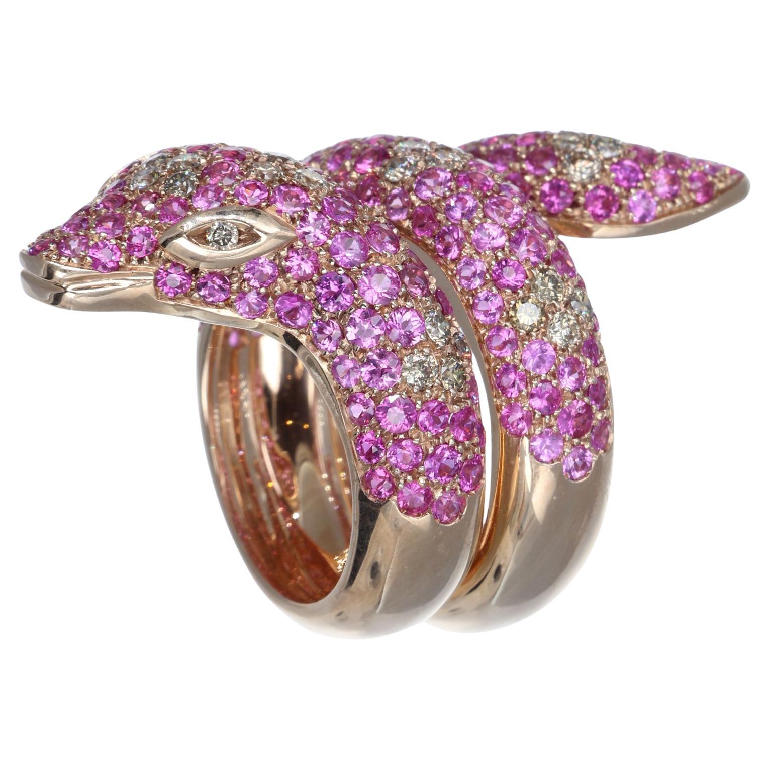 5.20 ct Pink Sapphires 0.83 Brown Diamonds Snake Ring 9 kt Rose Gold Serpent For Sale