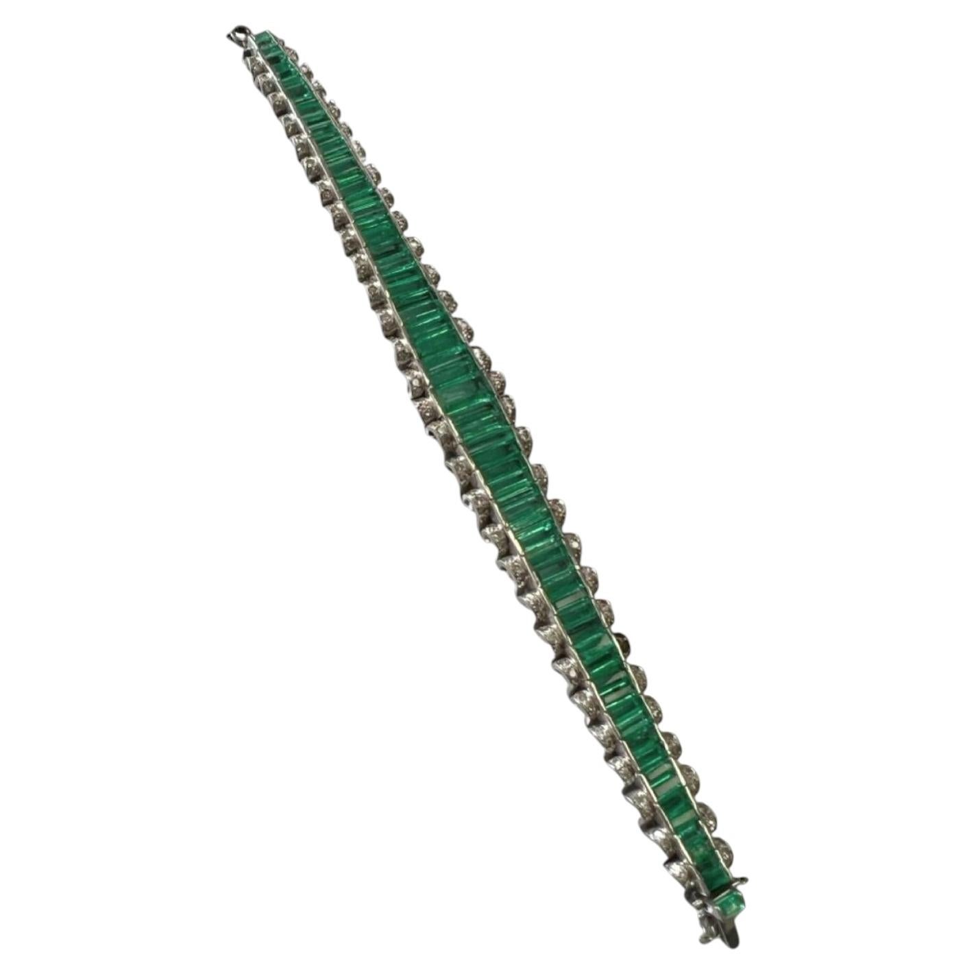 52.00 ctw Diamond & Colombian Emerald Palladium Rivière Bracelet For Sale