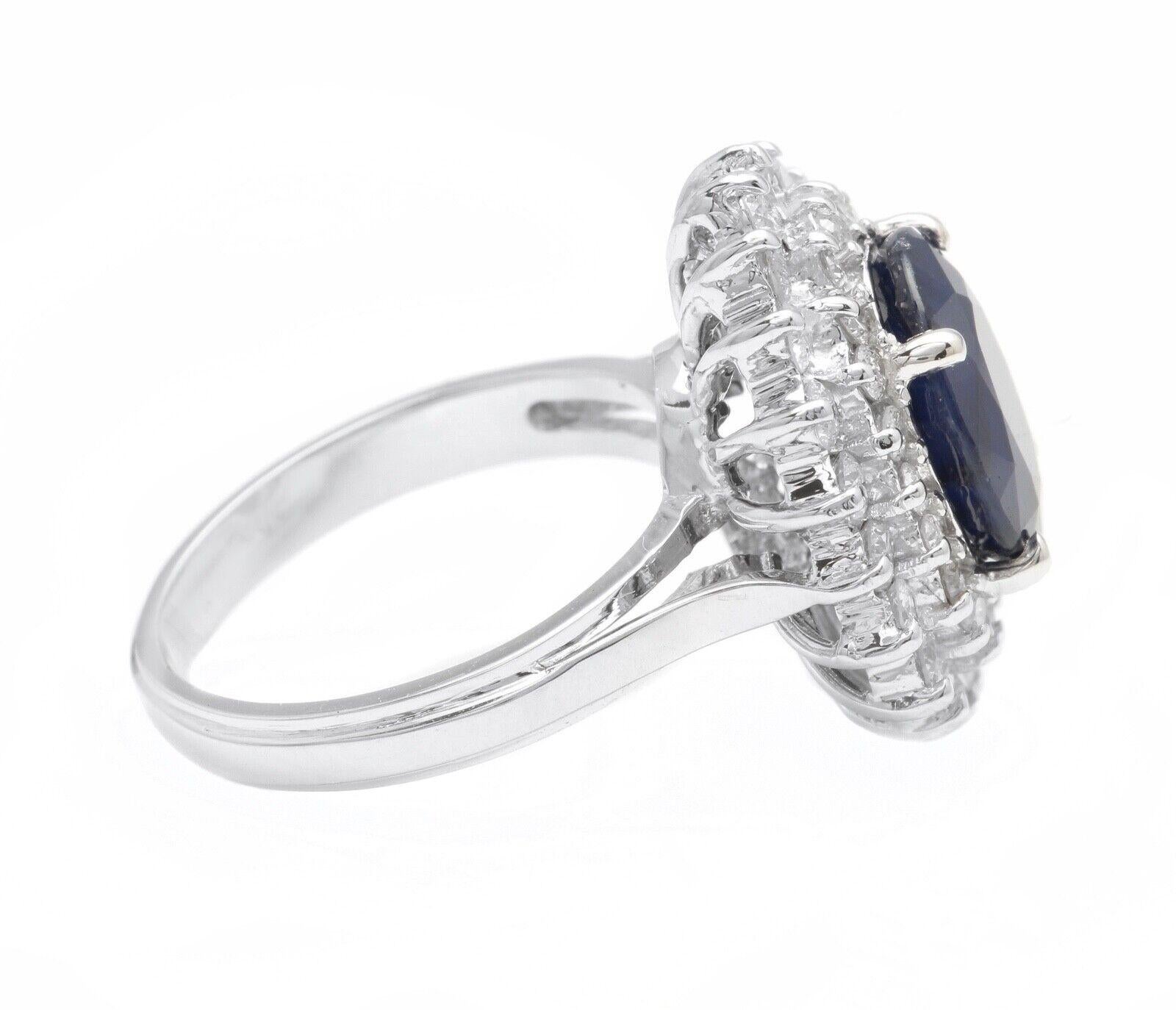 Mixed Cut 5.20Ct Natural Blue Sapphire and Natural Diamond 14K Solid White Gold Ring For Sale