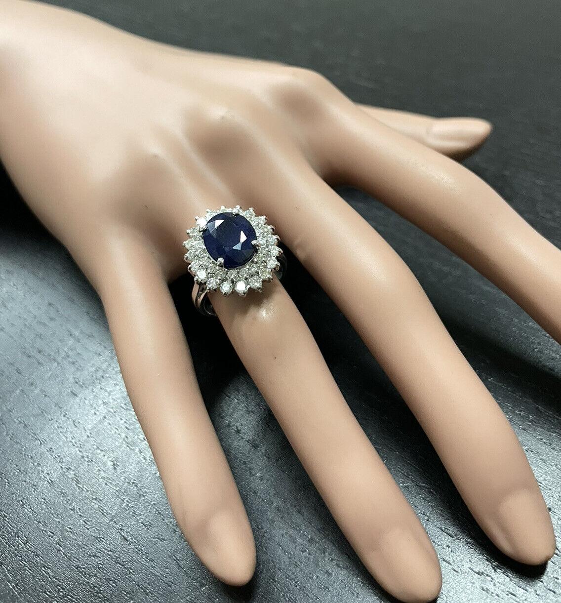 5.20Ct Natural Blue Sapphire and Natural Diamond 14K Solid White Gold Ring For Sale 2