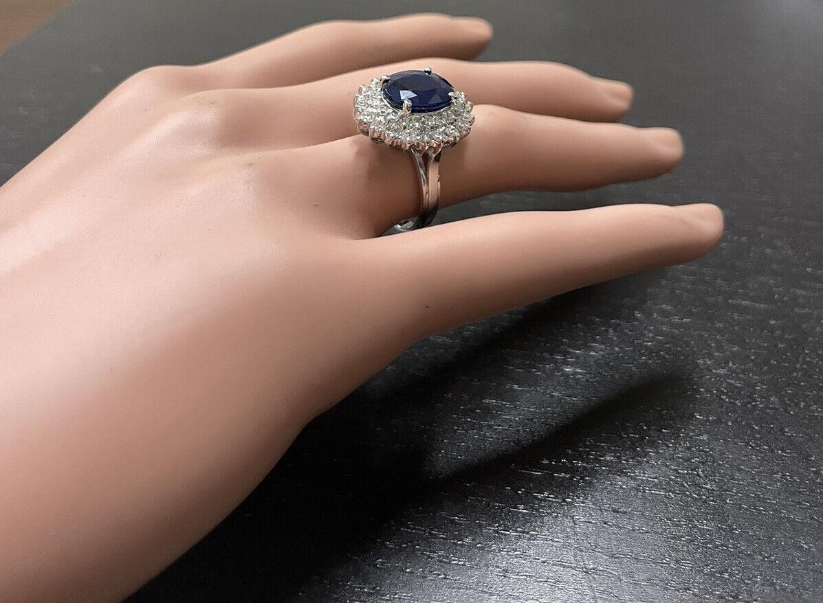5.20Ct Natural Blue Sapphire and Natural Diamond 14K Solid White Gold Ring For Sale 3