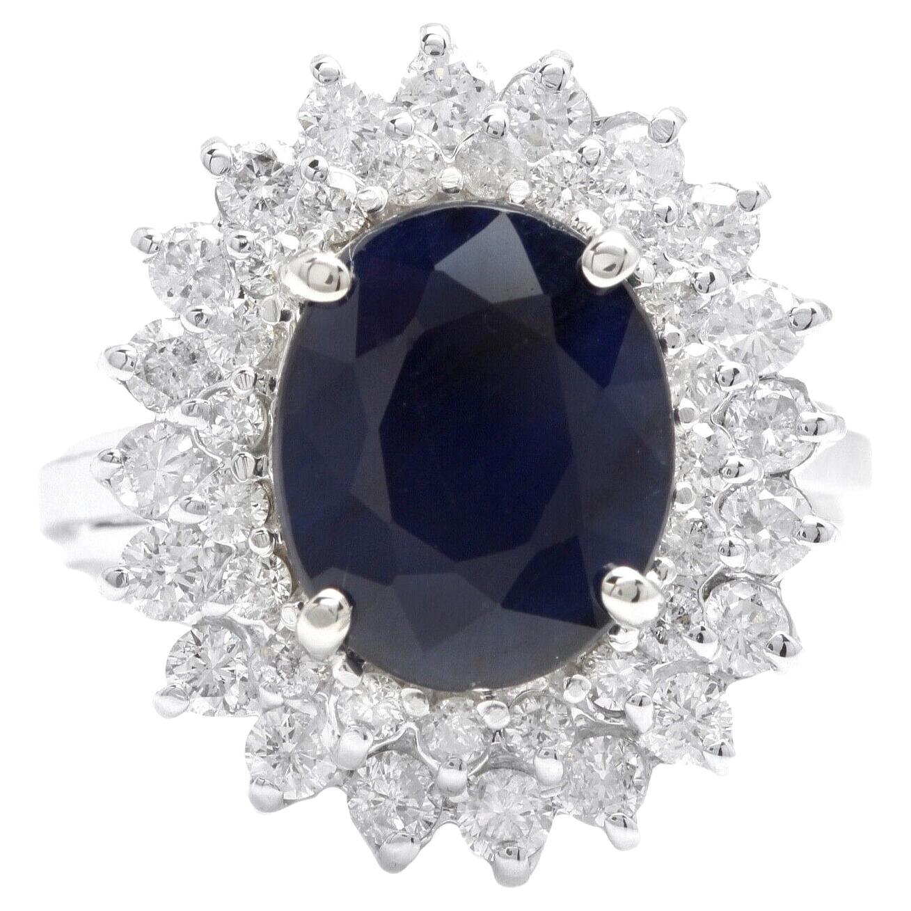 5.20Ct Natural Blue Sapphire and Natural Diamond 14K Solid White Gold Ring For Sale