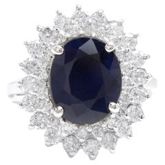 Bague en or blanc massif 14 carats avec saphir bleu naturel de 5,20 carats et diamant naturel