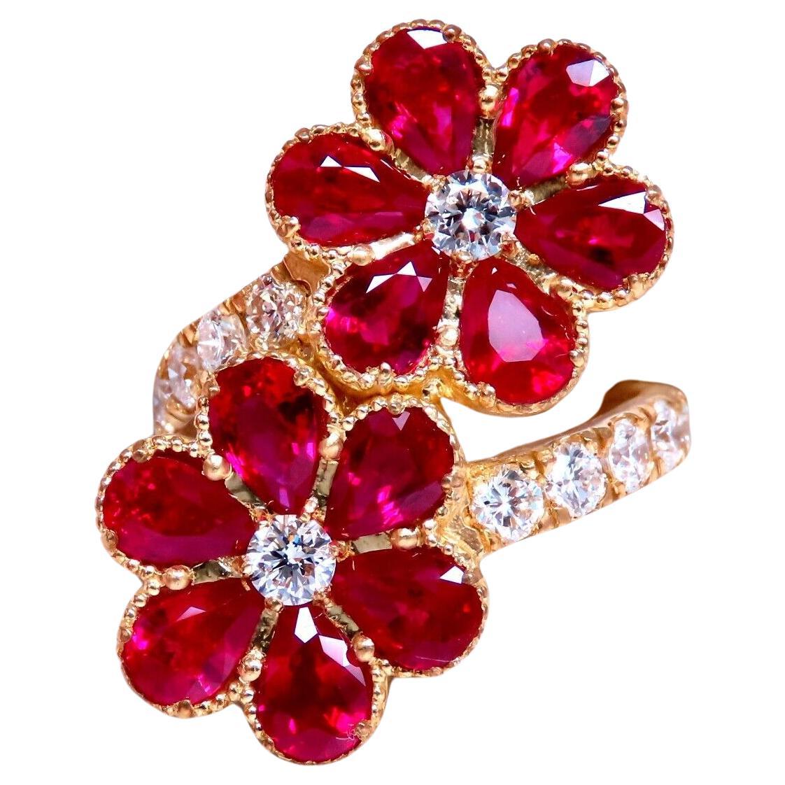 5.20ct Natural Ruby Diamonds Flower Cluster Ring 18kt yellow gold*