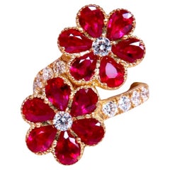 5.20ct Natural Ruby Diamonds Flower Cluster Ring 18kt yellow gold*