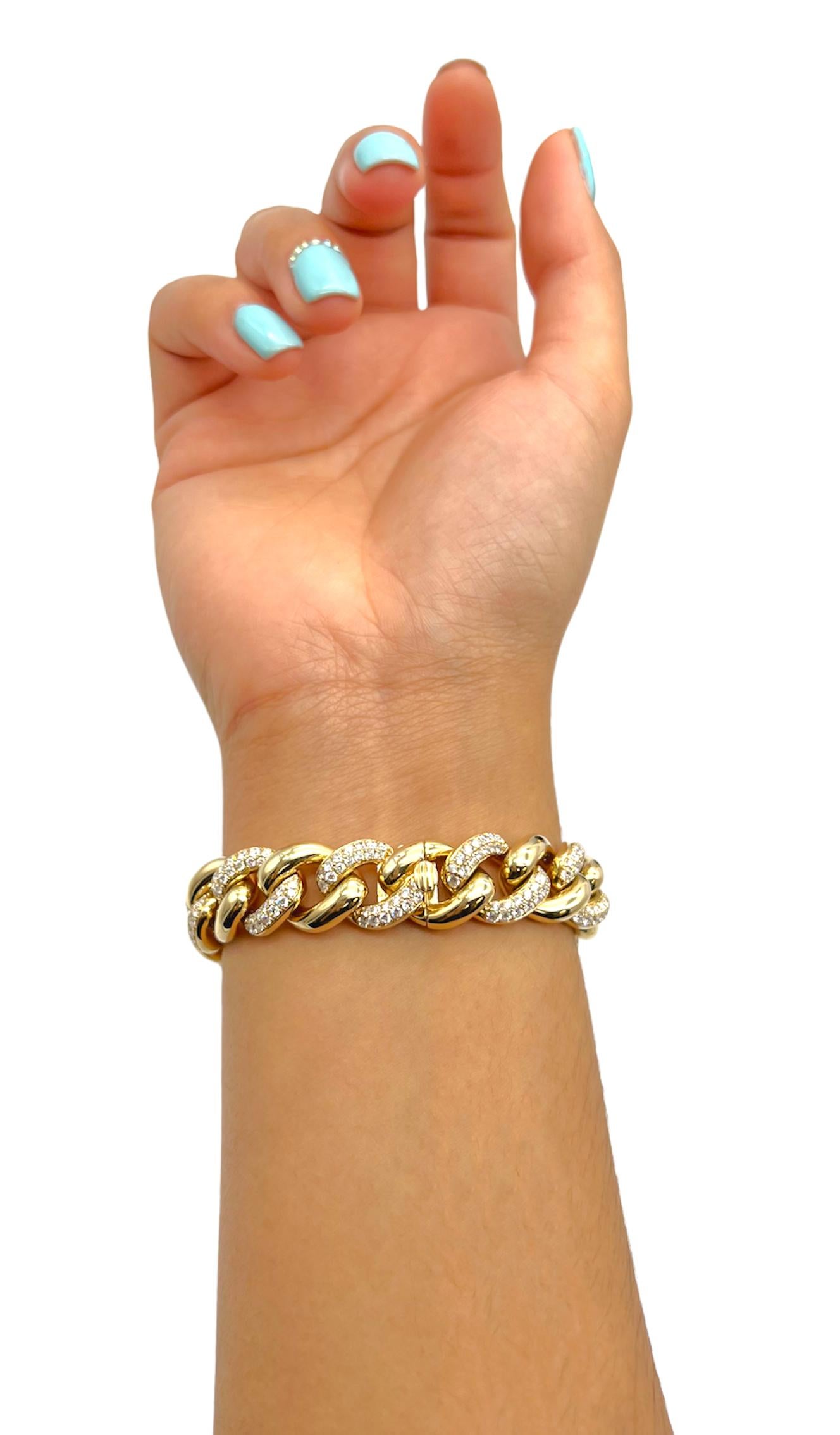 Women's 5.21 Carat 14K Yellow Gold Iced Out Cuban Link Diamond Bracelet, 41.9g For Sale