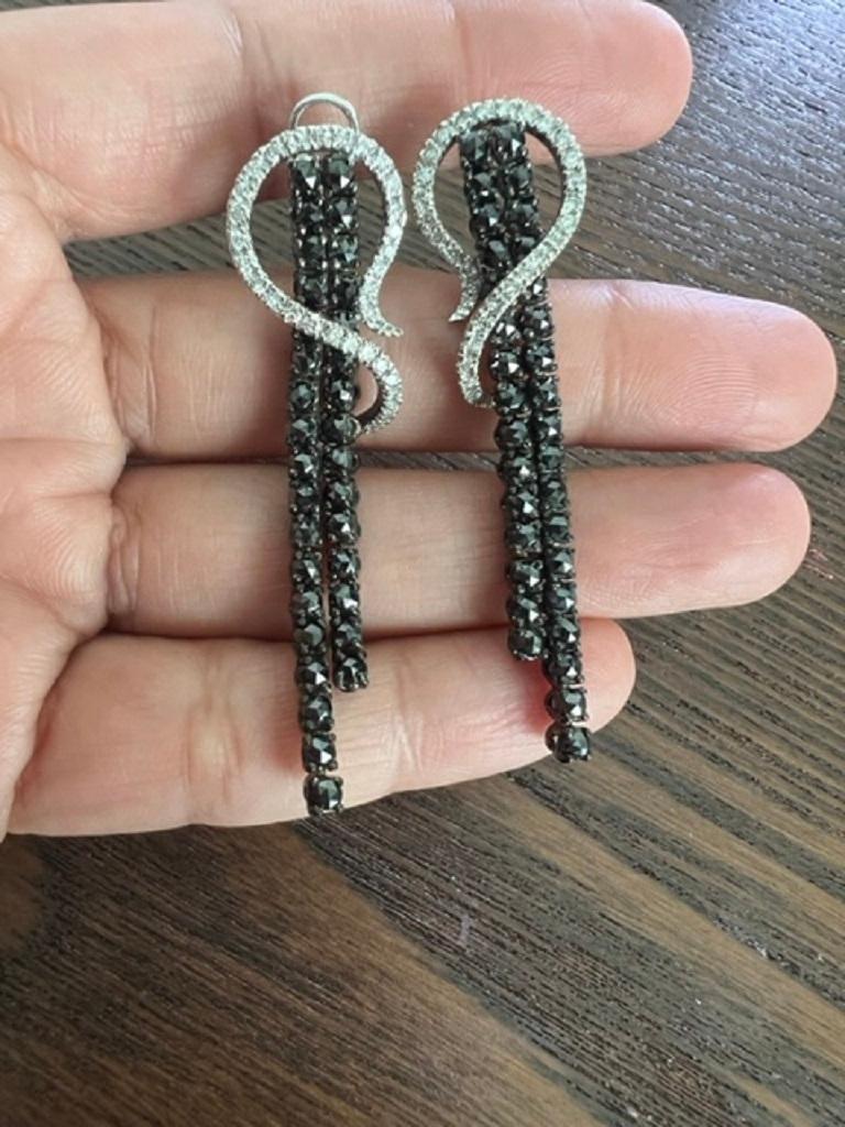 Rose Cut 5.21 Carat Black Diamond White Diamond White Gold Dangle Earrings For Sale
