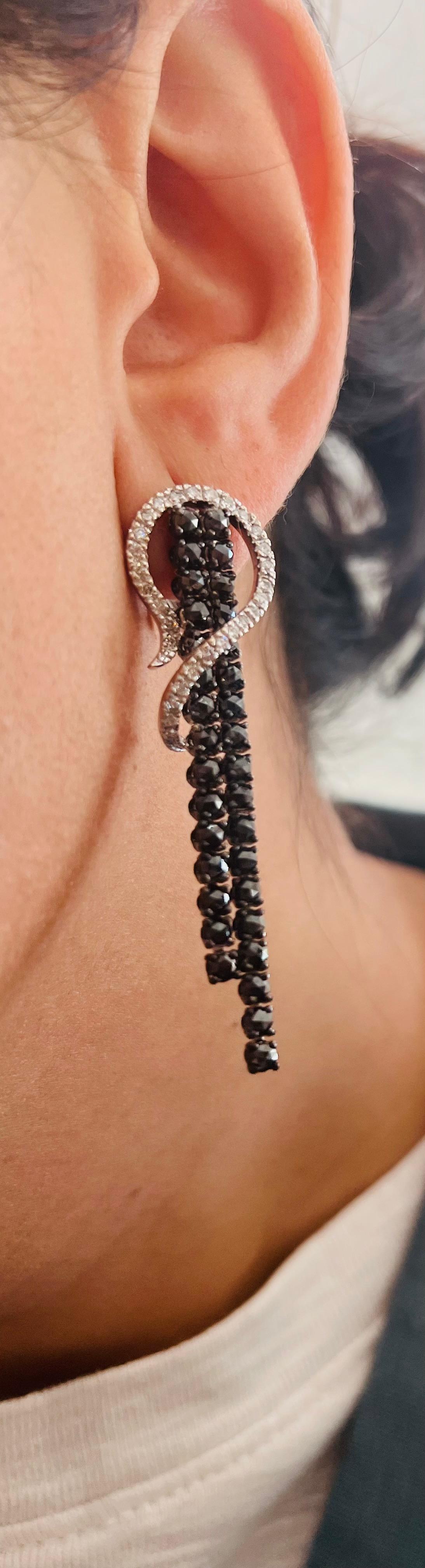 Women's 5.21 Carat Black Diamond White Diamond White Gold Dangle Earrings For Sale