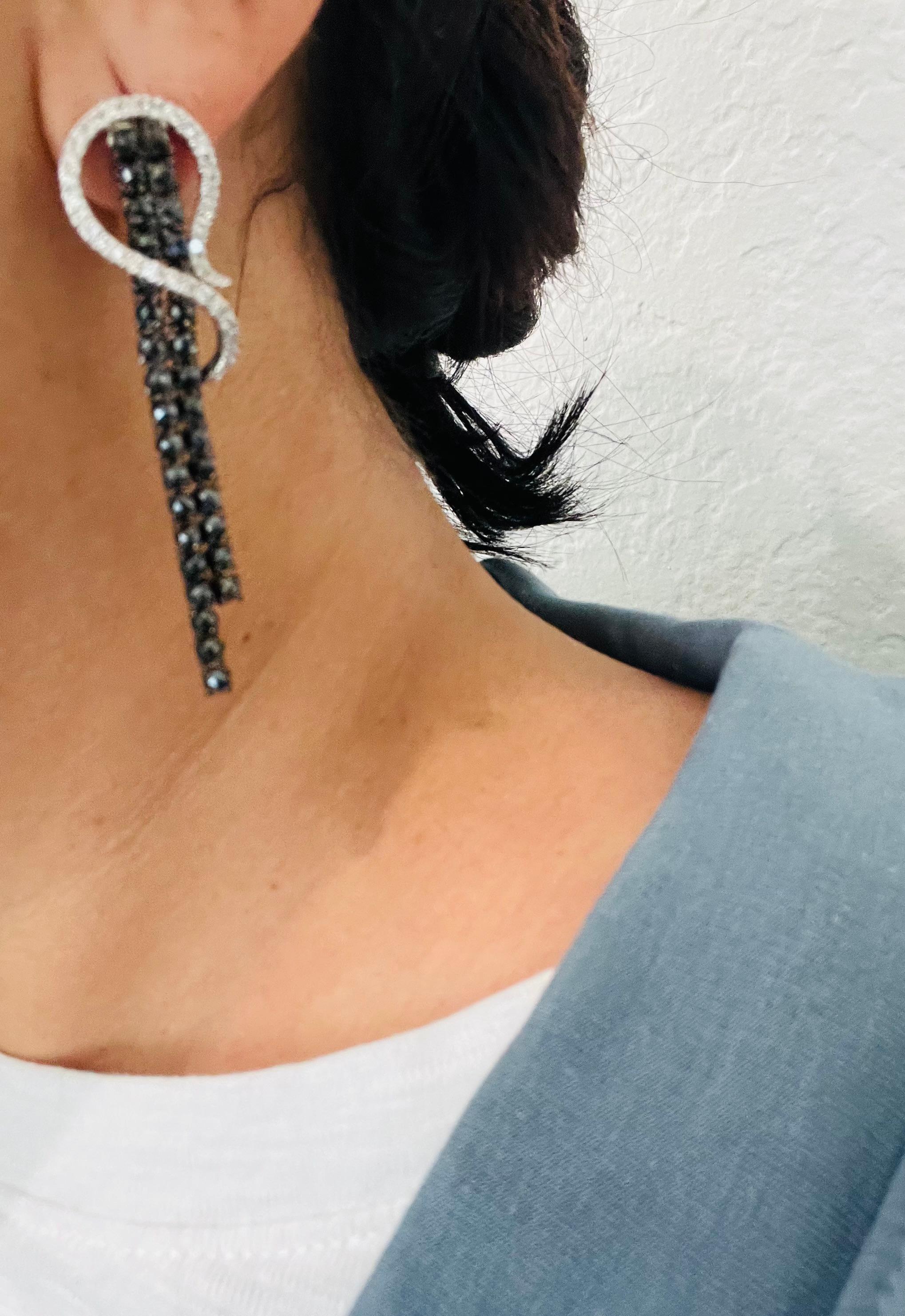 5.21 Carat Black Diamond White Diamond White Gold Dangle Earrings For Sale 2