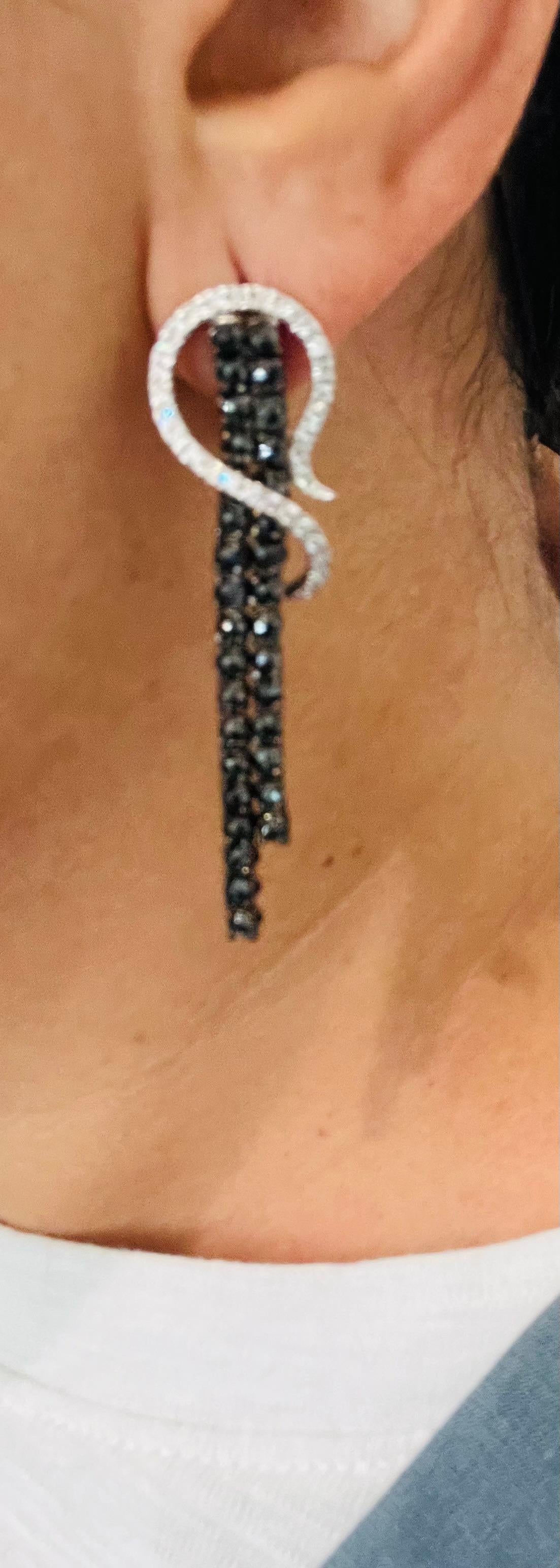 5.21 Carat Black Diamond White Diamond White Gold Dangle Earrings For Sale 3